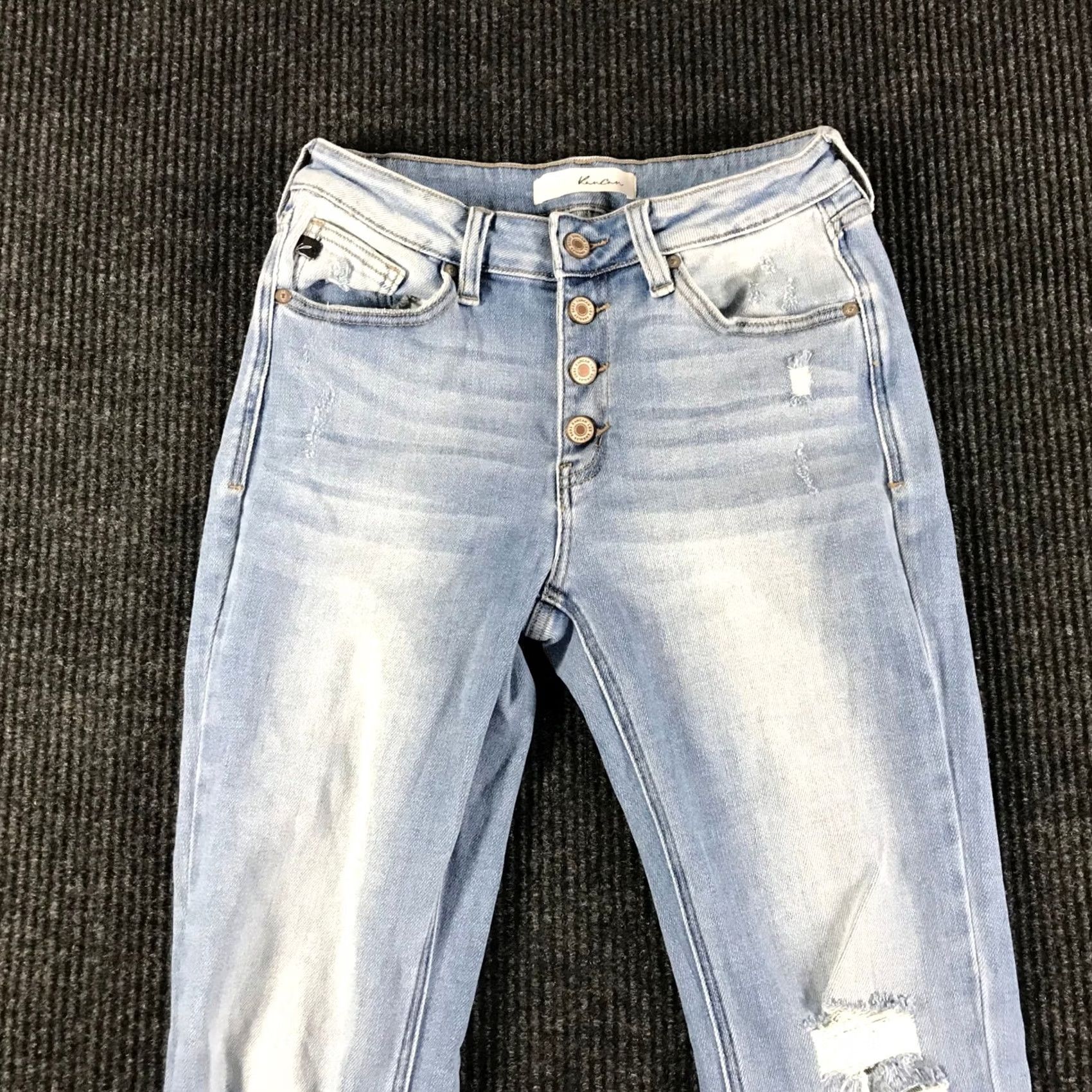 Vintage KanCan Womens High Rise Flare Jeans Light Wash Button Fly Distressed Boho 5-Pocket Denim Blues Women's Jeans Size 30" / US 8 / IT 44 - 2 Thumbnail