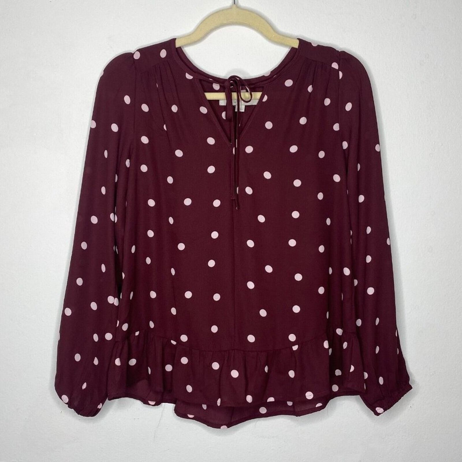 Loft Loft Burgundy Pink Polka Dot Tie Ruffle Hem Long Sleeve Top Size XXS / US 00 / IT 34 - 1 Thumbnail