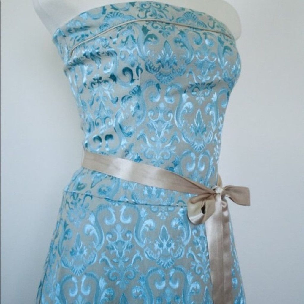 Vintage Womens French Blue Brocade Strapless Dress satin Ribbon Belt Size S / US 4 / IT 40 - 3 Thumbnail