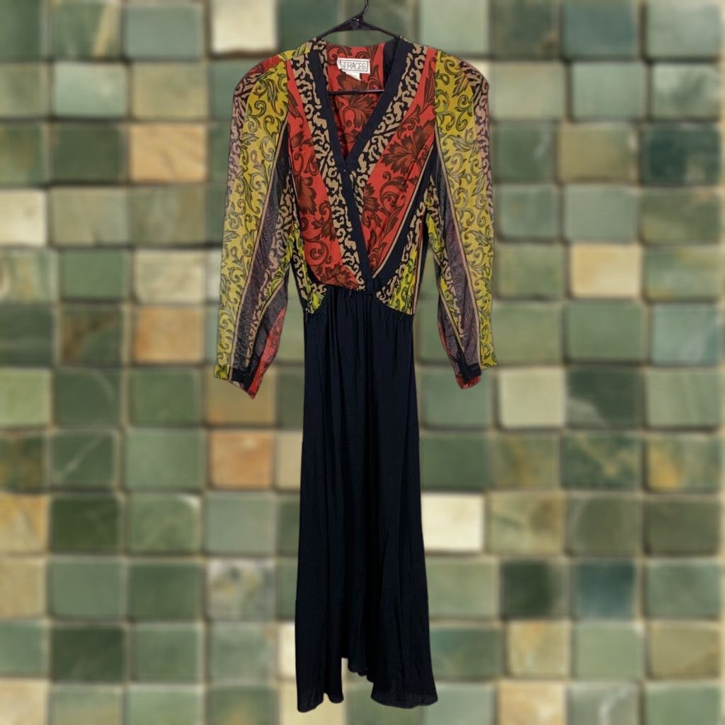 Vintage VINTAGE Traces Maxi Dress Black Red Rayon 80s Long Sleeve 8 Womens Size M / US 6-8 / IT 42-44 - 1 Thumbnail