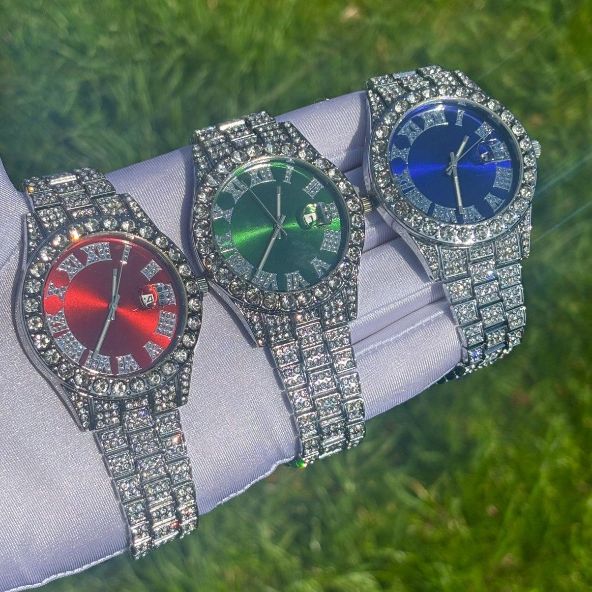 Other Iced Out Watch Presidential Style Green Face Size ONE SIZE - 6 Thumbnail