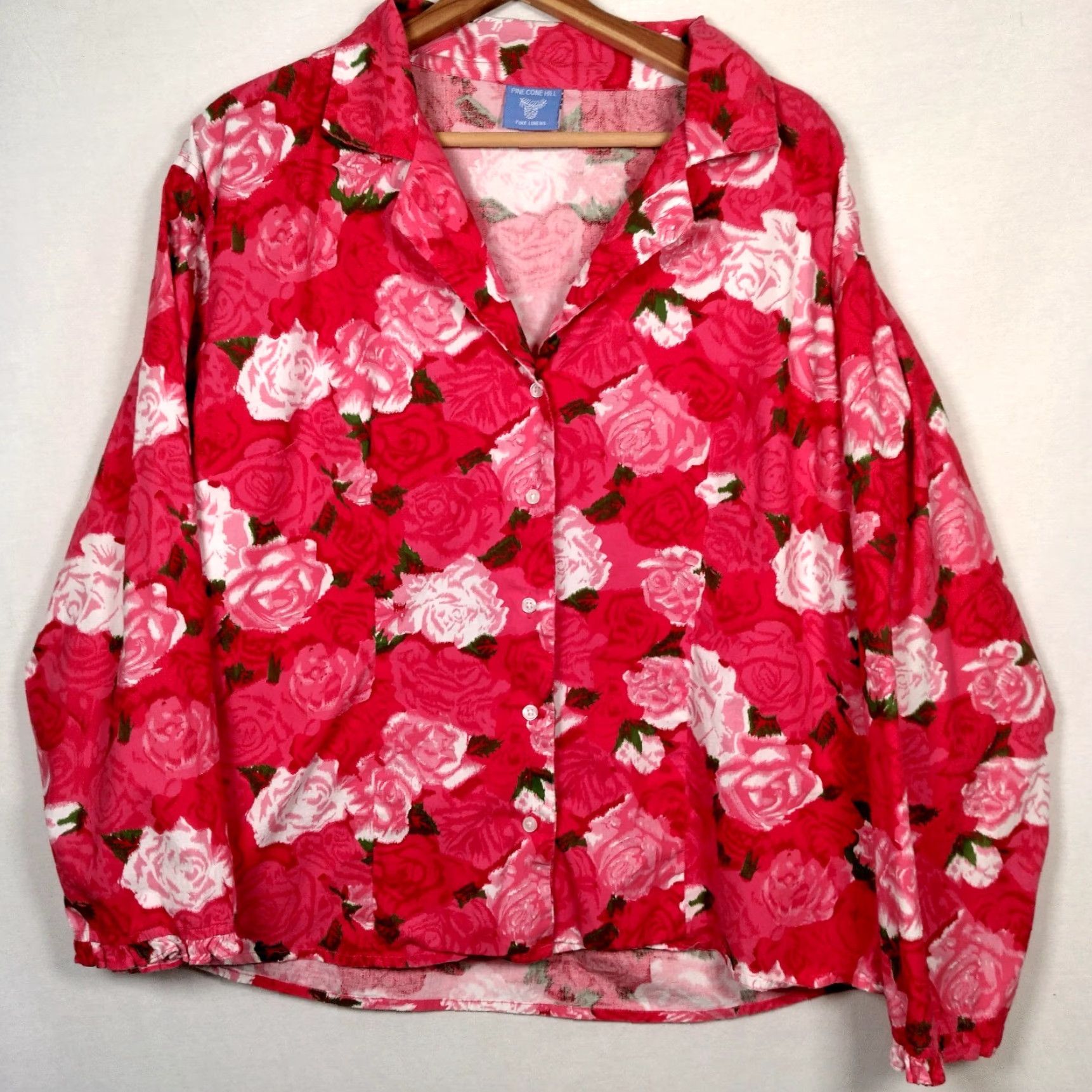 Vintage Pine Cone Hill Fine Linens Blouse XL Pink Red Roses Button Front Ruffled Cuff Womens Size XL / US 12-14 / IT 48-50 - 2 Thumbnail