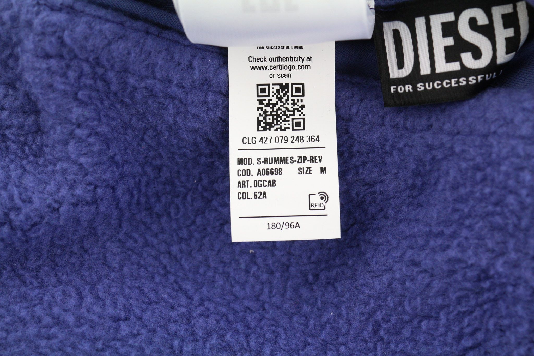 Diesel S-Rummes-Zip-Rev Men Hoodie M Blue Fleece 40111 Size US M / EU 48-50 / 2 - 12 Thumbnail