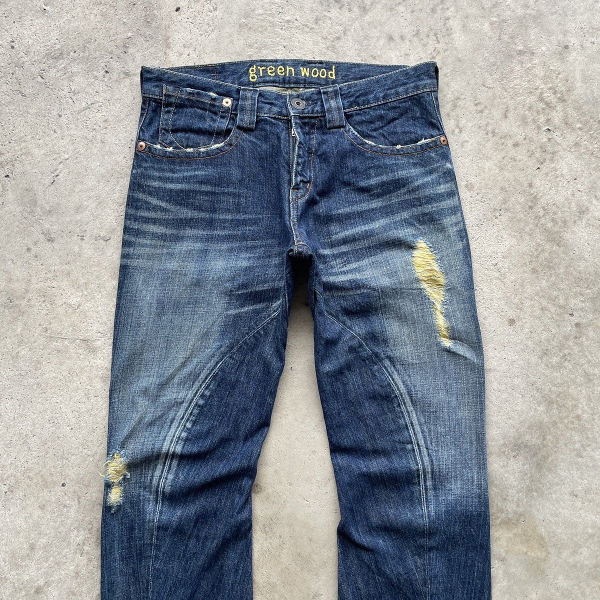 Japanese Brand × Jean Vintage Green Wood Japan Distressed Faded Jeans Denim Pants Size US 31 - 4 Thumbnail