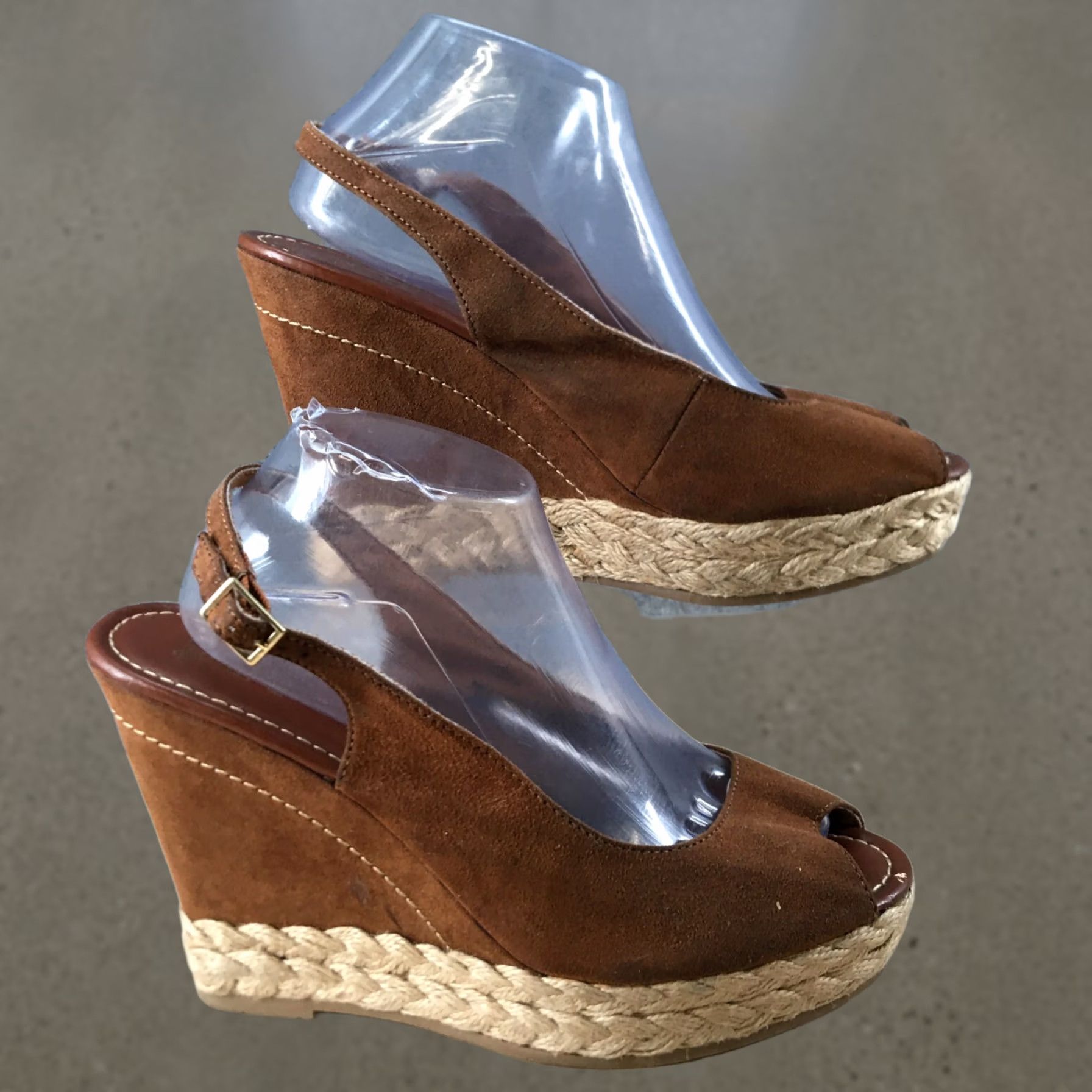 Vintage Brash Sandal Womens 11 Peep Toe Slingback Wedge Brown Fabric Buckle Size US 11 / IT 41 - 1 Thumbnail