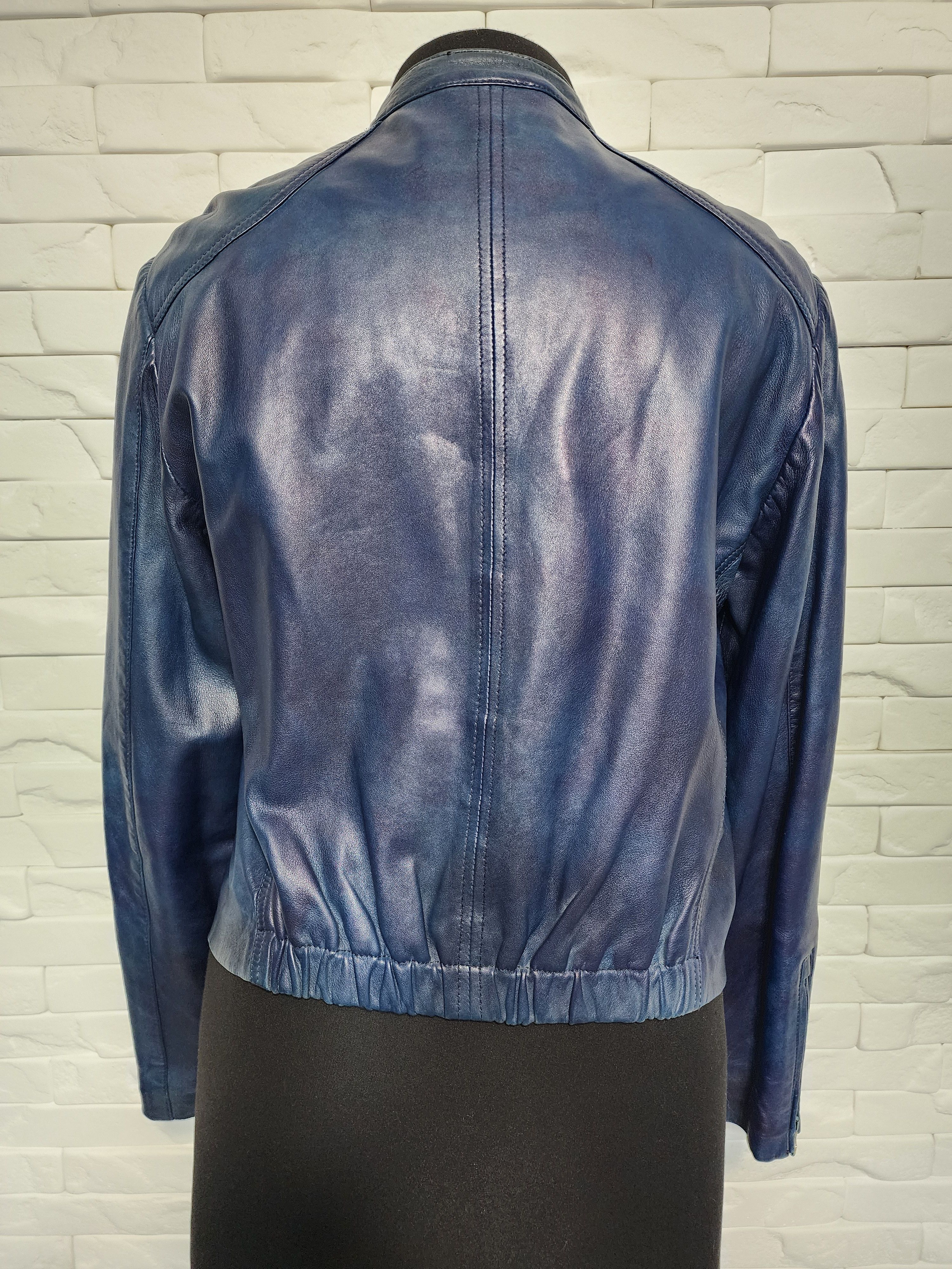Designer Women's blue leather jacket. Size L / US 10 / IT 46 - 5 Thumbnail