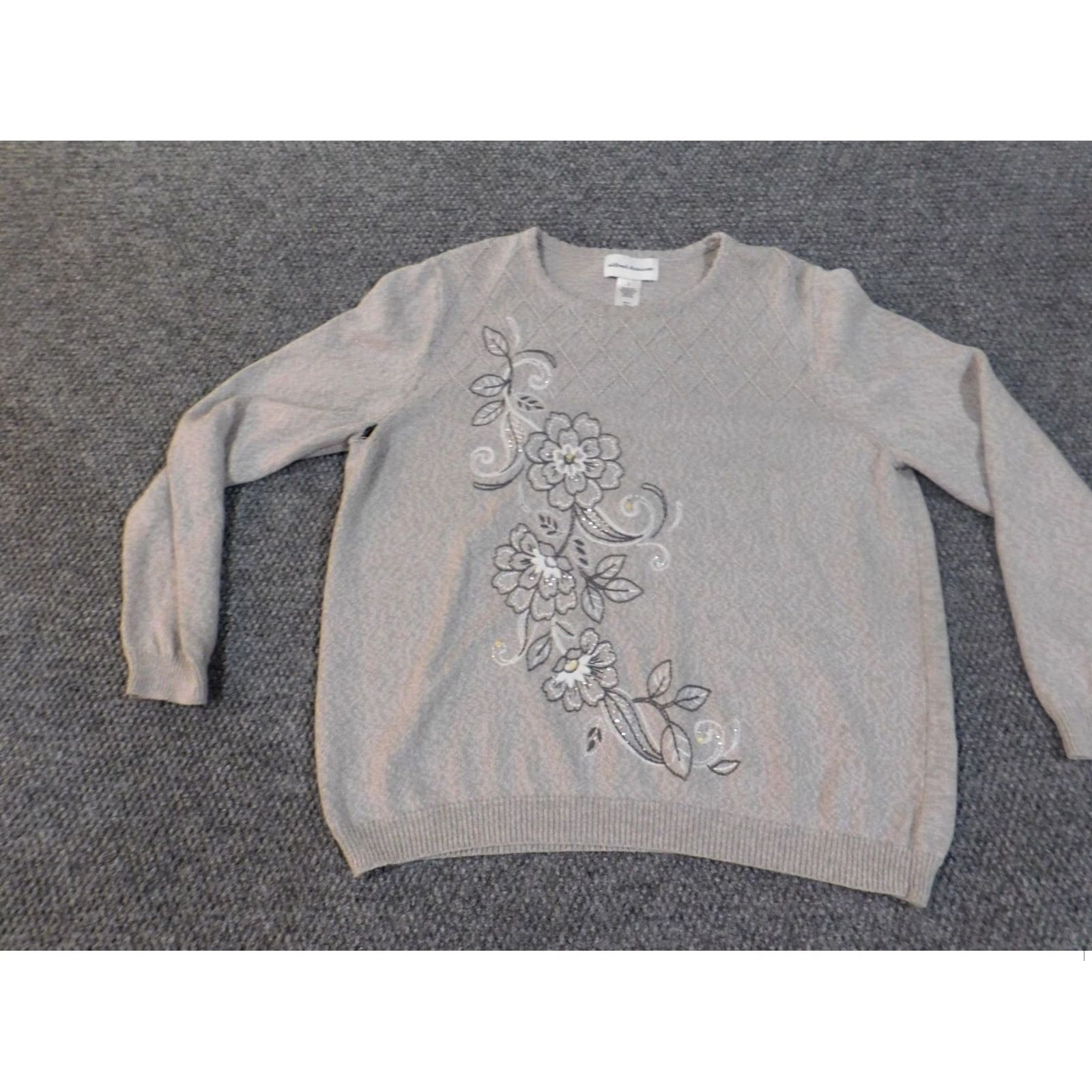 Vintage Alfred Dunner Sweater Womens Pullover Crew Neck L Gray Floral Embroidered Knit Cotton Acrylic Raglan Sleeve Modern Vintage: No, Regular Fit Size L / US 10 / IT 46 - 2 Thumbnail