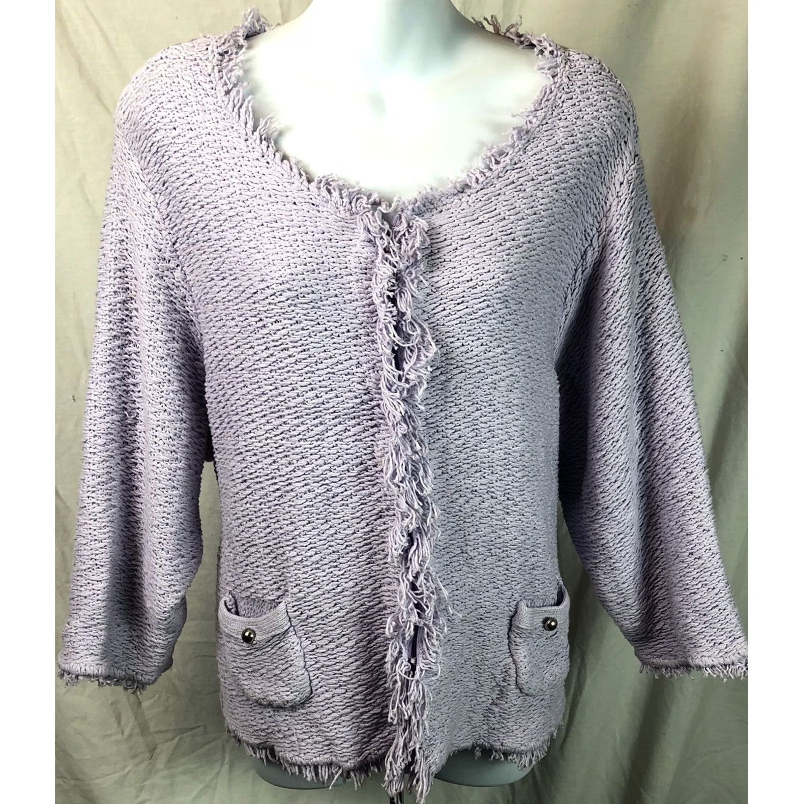 Vintage Roz & Ali Sweater 3X purple Chunky Crochet 3/4 sleeve Fringe Cottage Coquette Size XXL / US 16-18 / IT 52-54 - 5 Thumbnail