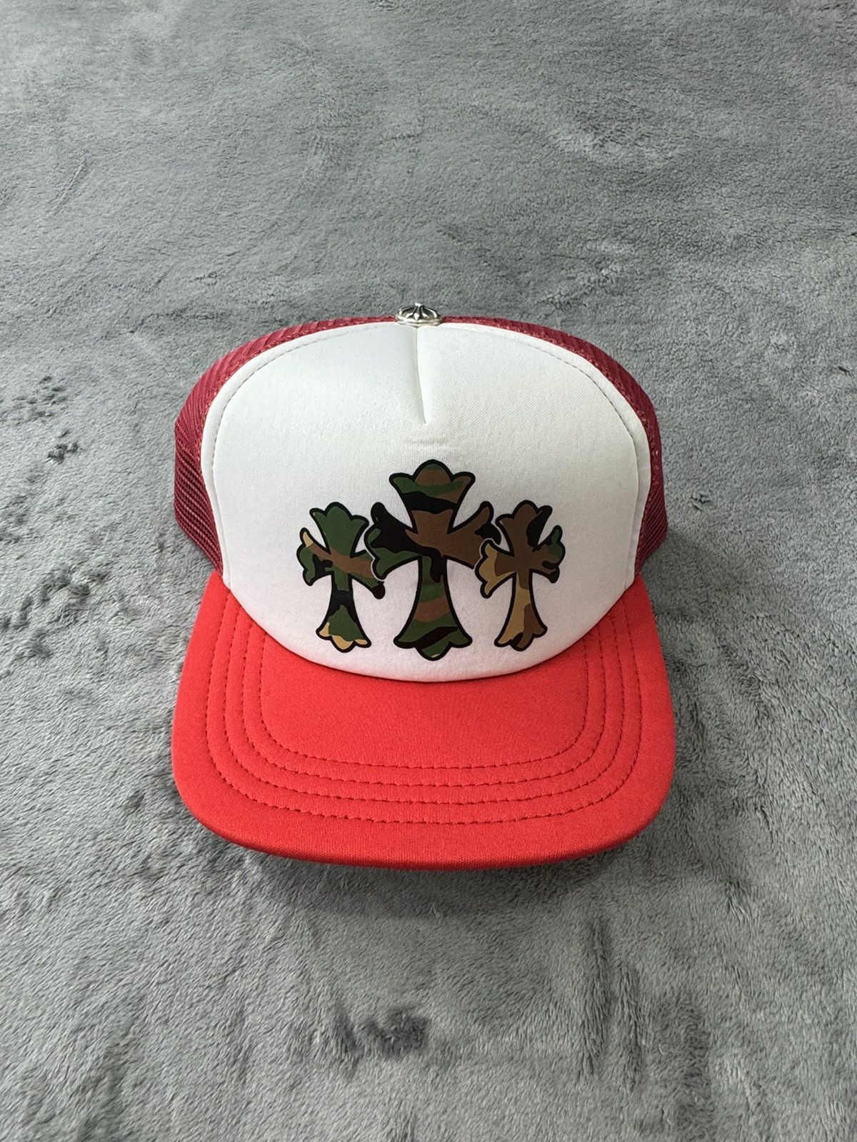 image of Chrome Hearts Trucker Hat Camo Cross in Red/White, Men's