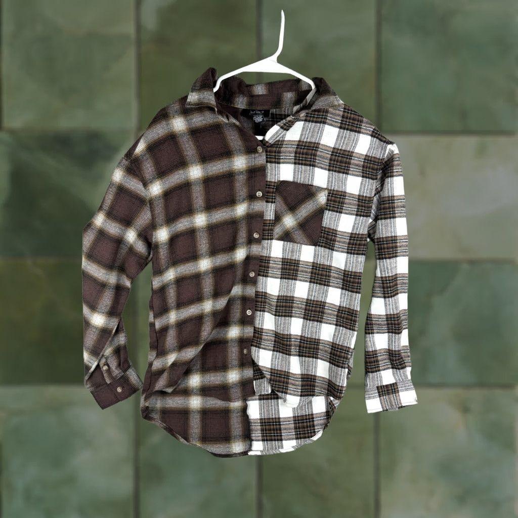 Vintage Just Polly Shirt Womens Small Brown White Plaid Patchwork Button Front Flannel Size S / US 4 / IT 40 - 1 Thumbnail