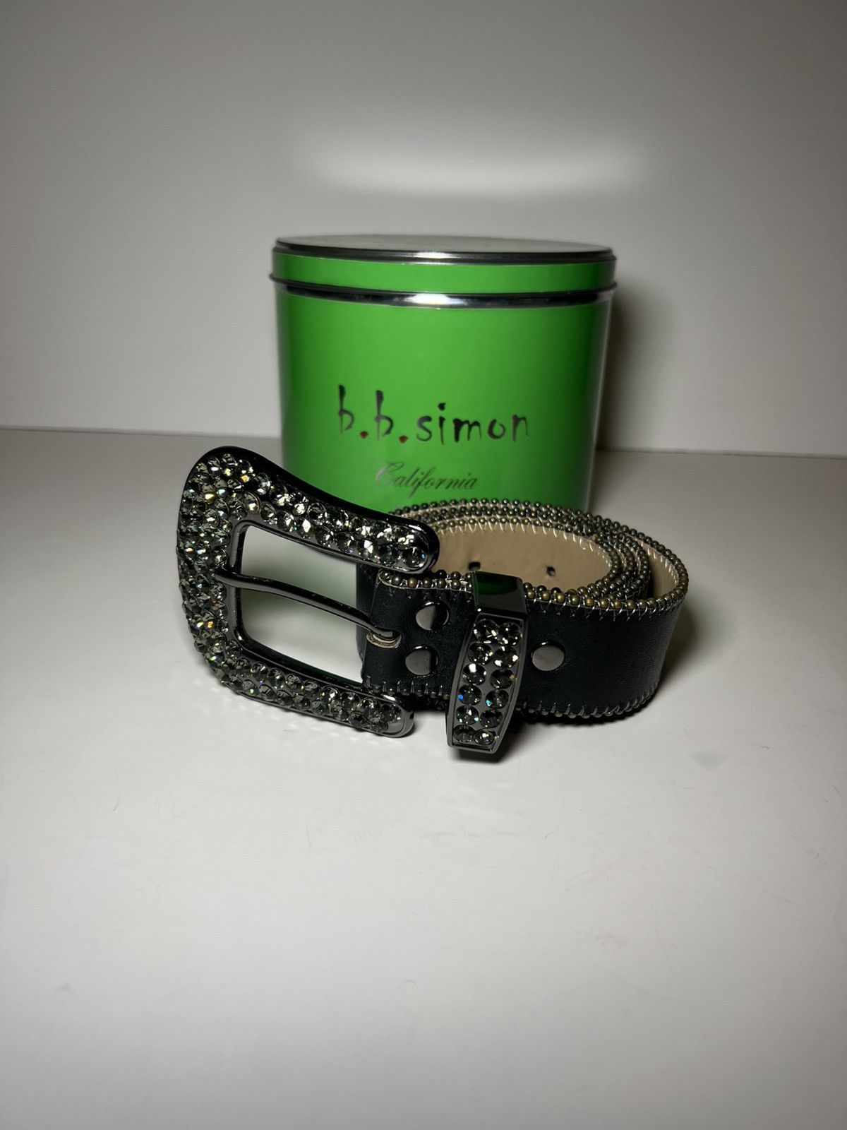 Rhinstone BB Simon belt Y2k black leather belt white stones