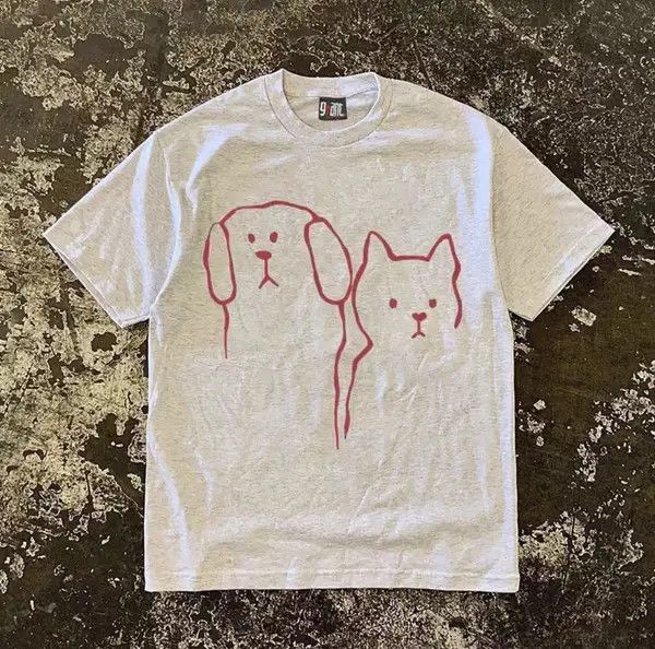 Vintage Loose Cat and Dog Print Short Sleeve T-Shirt in Light Grey Size US XL / EU 56 / 4 - 3 Thumbnail