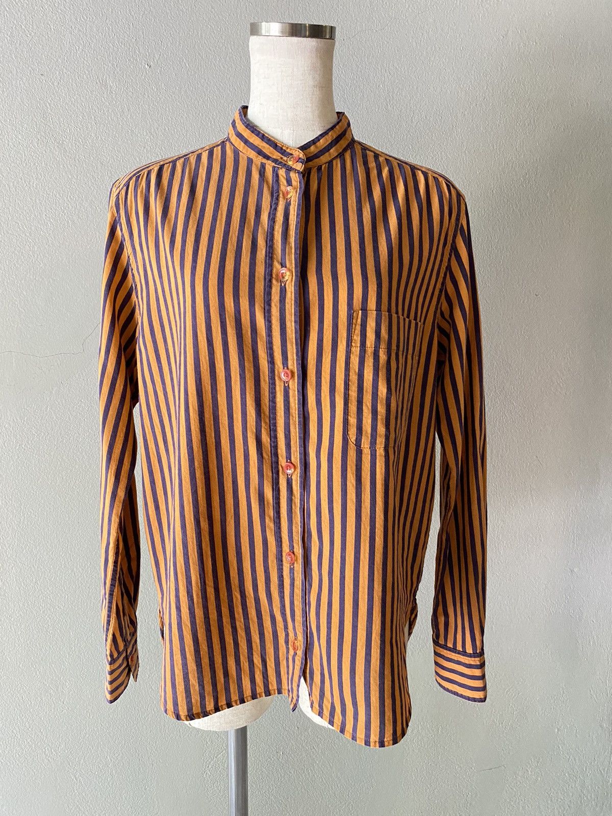 mercibeaucoup mercibeaucoup Orange & Navy Striped Mandarin Collar Shirt Size M / US 6-8 / IT 42-44 - 2 Thumbnail