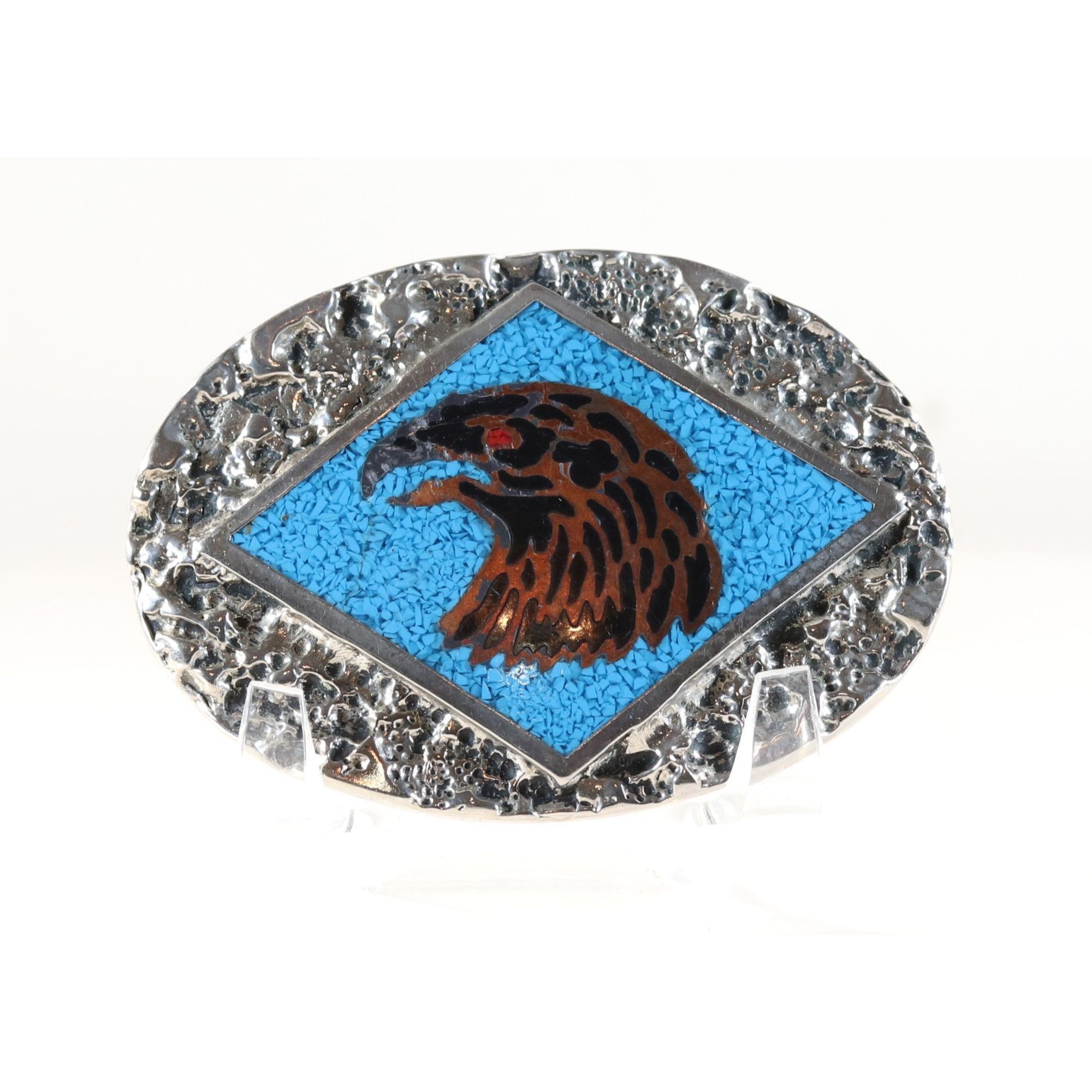 Vintage Belt Buckle Brown Eagle with Coral Set in Turquoise Solid Me Size ONE SIZE - 2 Thumbnail