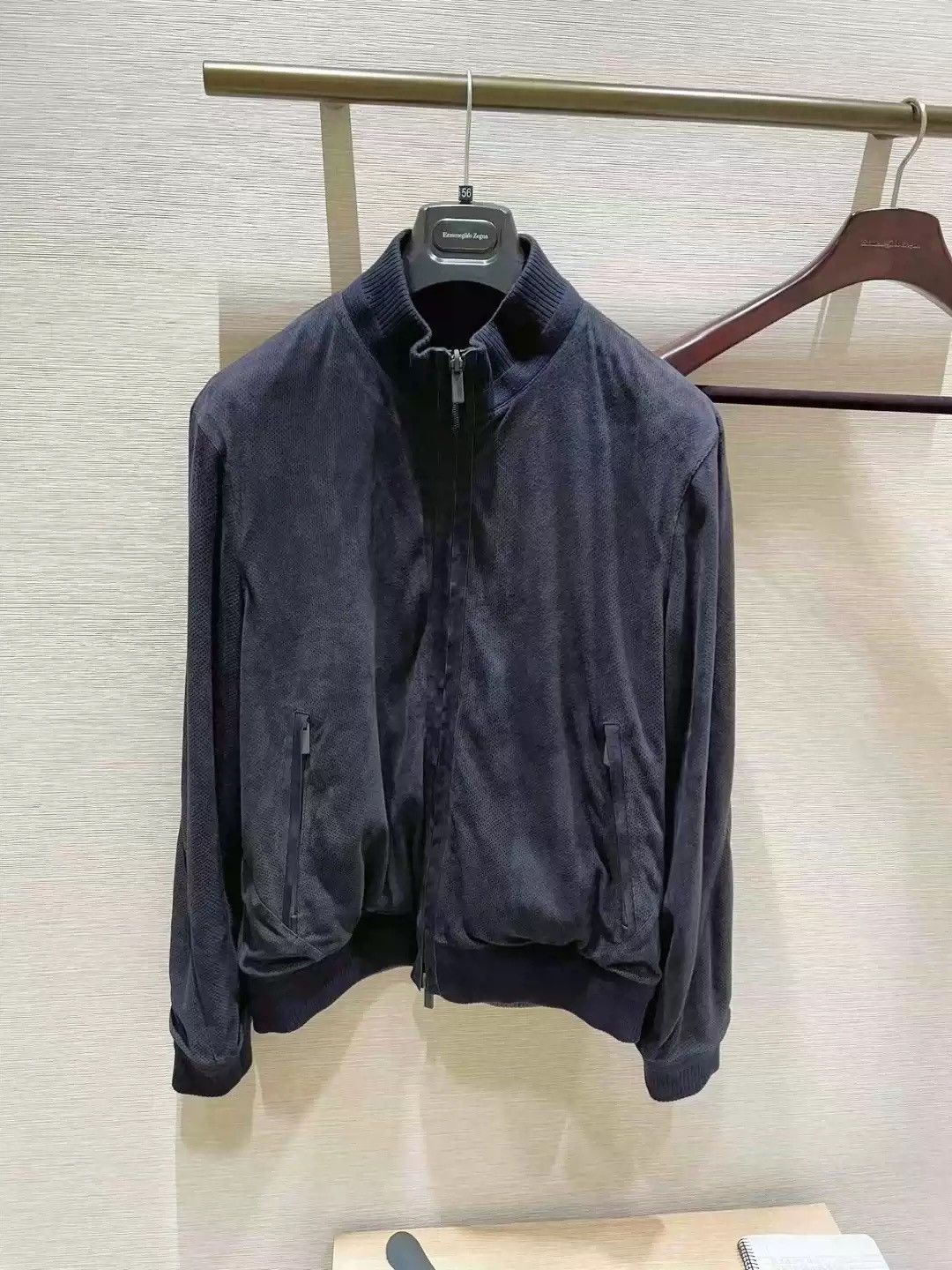 image of Ermenegildo Zegna Lamb Leather Reversible Bomber Jacket in Navy, Men's (Size XL)