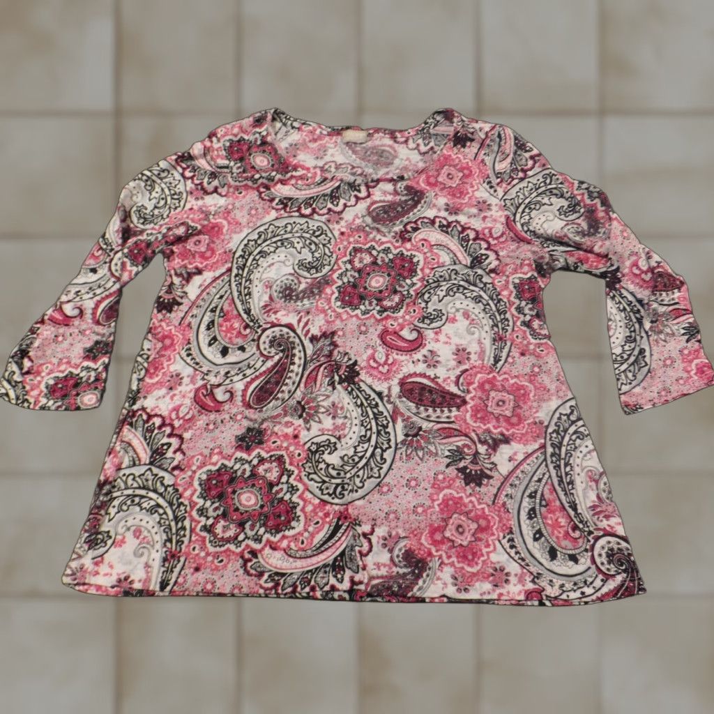 Vintage Chico's Blouse Shirt L Women Red Floral Crew Neck Pullover Cotton Modal Long Sleeve Button Breathable Casual Classic Size L / US 10 / IT 46 - 1 Thumbnail