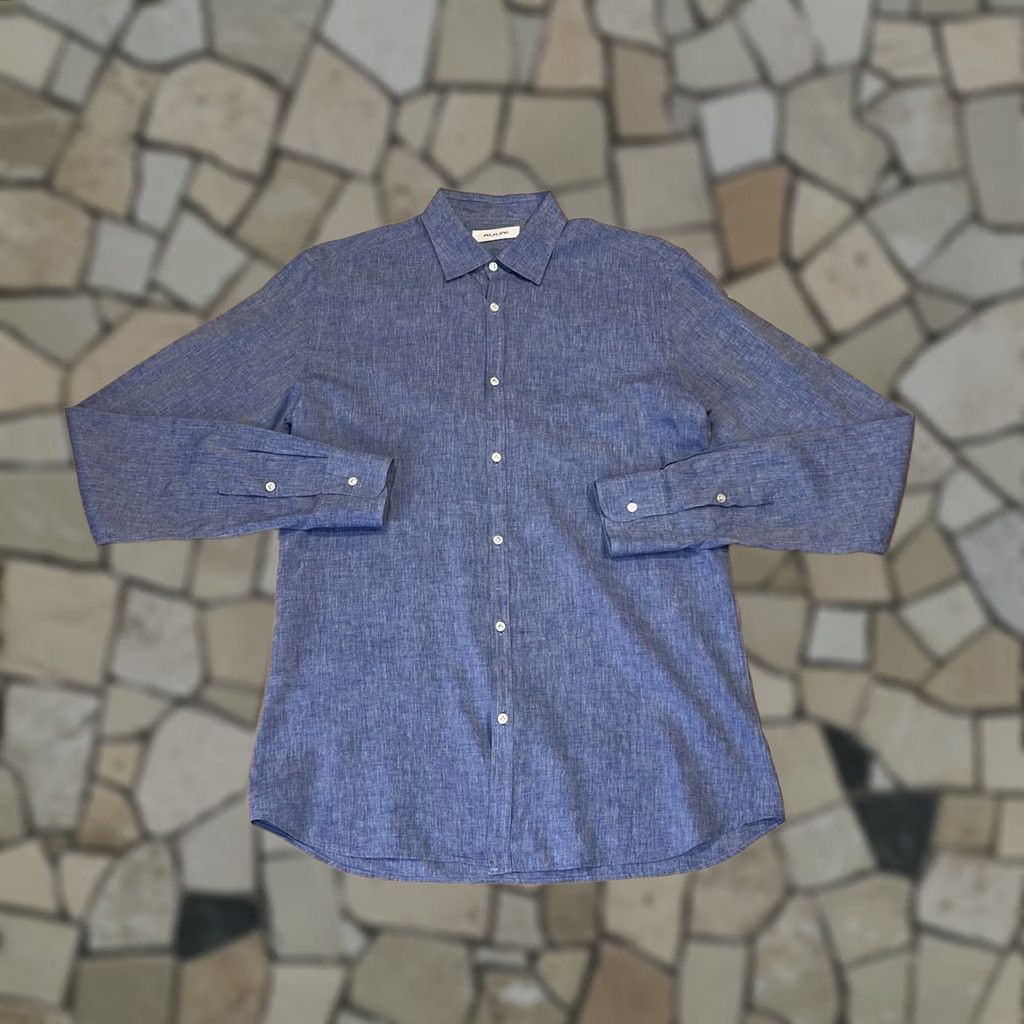 AGLINI Aglini David Linen Blend Button Up Blue Shirt Long Sleeve Mens 40 - Italy Size US L / EU 52-54 / 3 - 1 Thumbnail