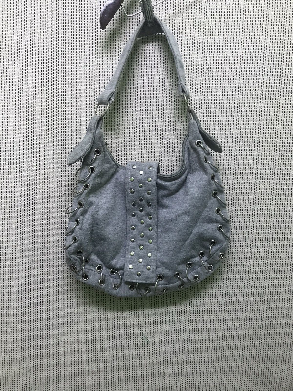 Japanese Brand “Grey Studded Punk Shoulder Bag with Grommet Lace-Up Design” Size ONE SIZE - 1 Thumbnail