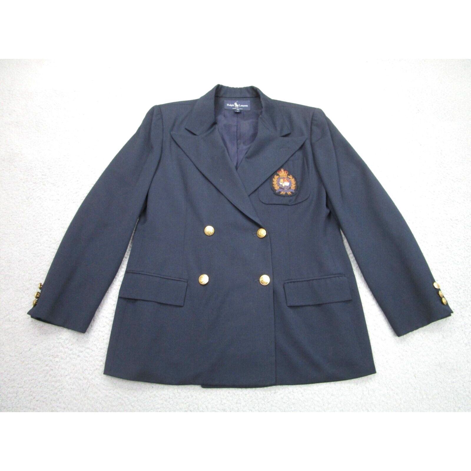 image of Vintage Ralph Laurent Jacket Women 12 Blue Double Breasted Blazer Coat Crest Wool in White (Size XL