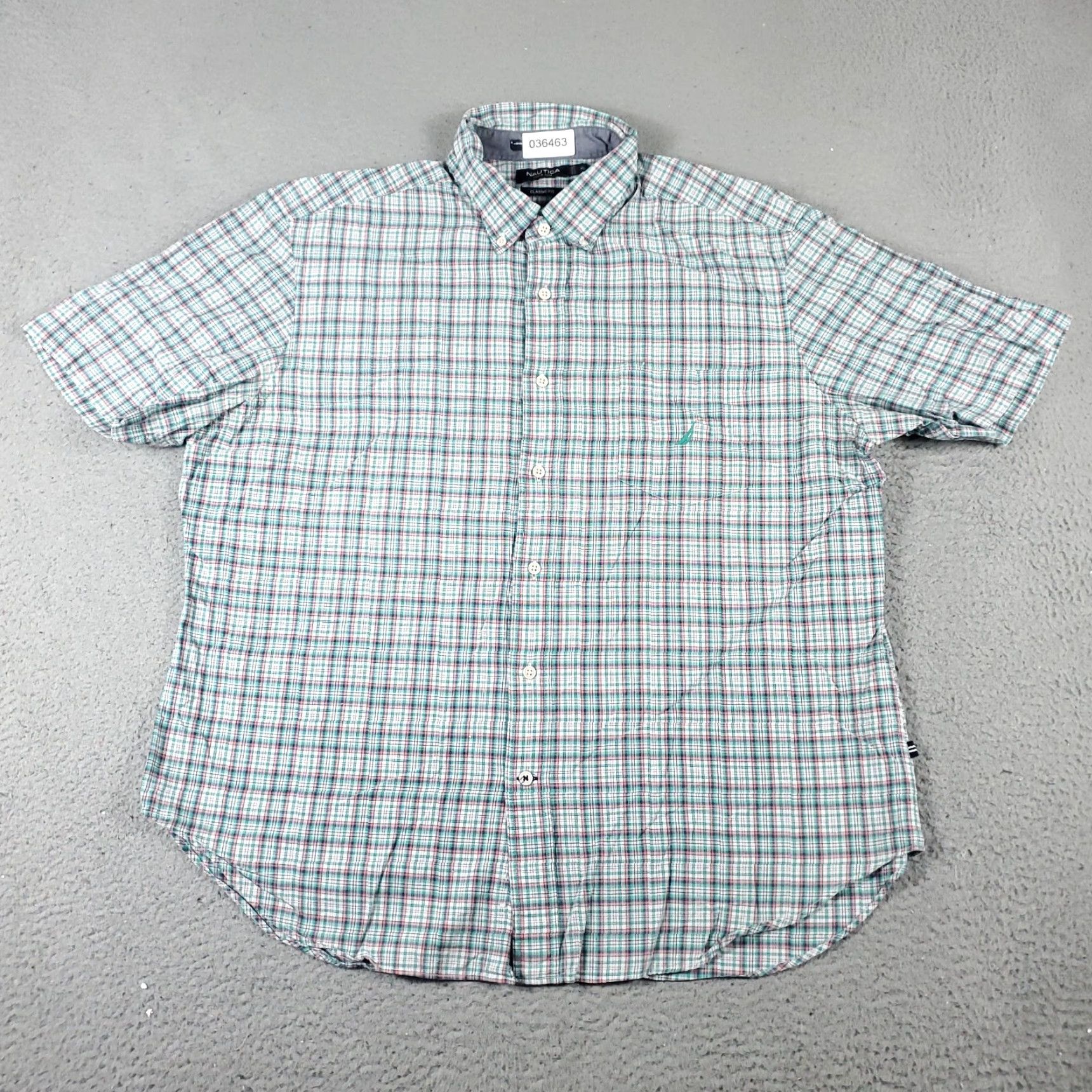 Nautica Nautica Shirt Mens XL Green Plaid Button-Up Short Sleeve Casual Classic Shirt - White Cotton, Regular Fit, Button-Down Collar, Nautica Brand, Adults Size US XL / EU 56 / 4 - 3 Thumbnail