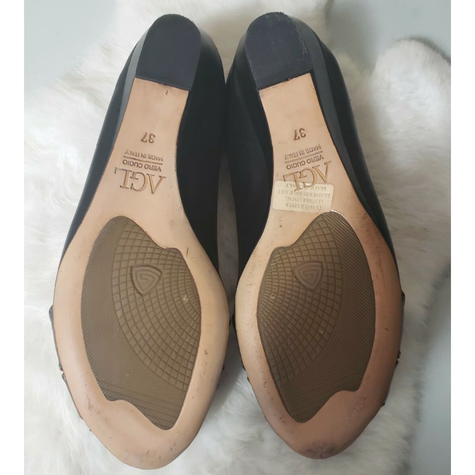 AGL AGL Peep Toe Leather Twist Front Ballet Flats-Size 35/6.5 Women Ballet Flat Black/Pewter Slip On Cushioned Metallic 1 1/2" Heel Size US 7 / IT 37 - 7 Thumbnail