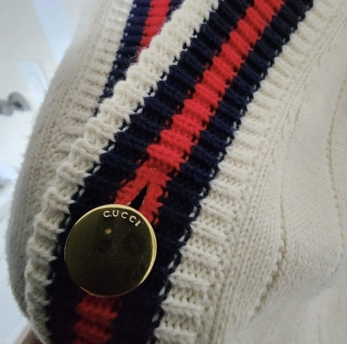Gucci Gucci Men's Ivory Cable-Knit Cardigan XXL Stripe Trim Logo Size US XXL / EU 58 / 5 - 8 Thumbnail