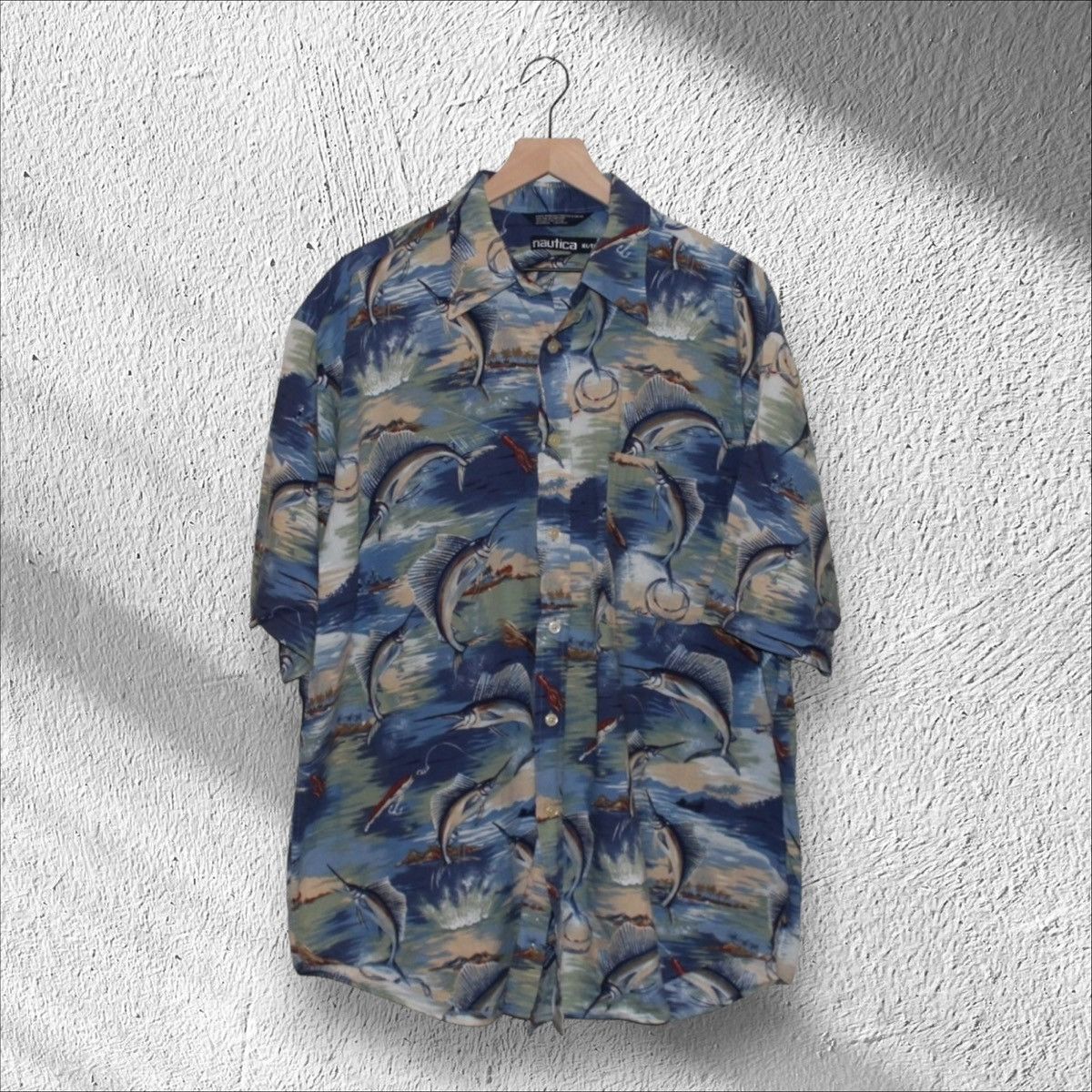 Nautica × Vintage Vintage Nautica Fish Print Marlin Button Up AOP Shirt Size US XL / EU 56 / 4 - 1 Thumbnail