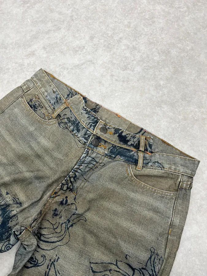Roberto Cavalli 2000s Cavalli Grey Floral Denim Jeans Size US 31 - 6 Thumbnail