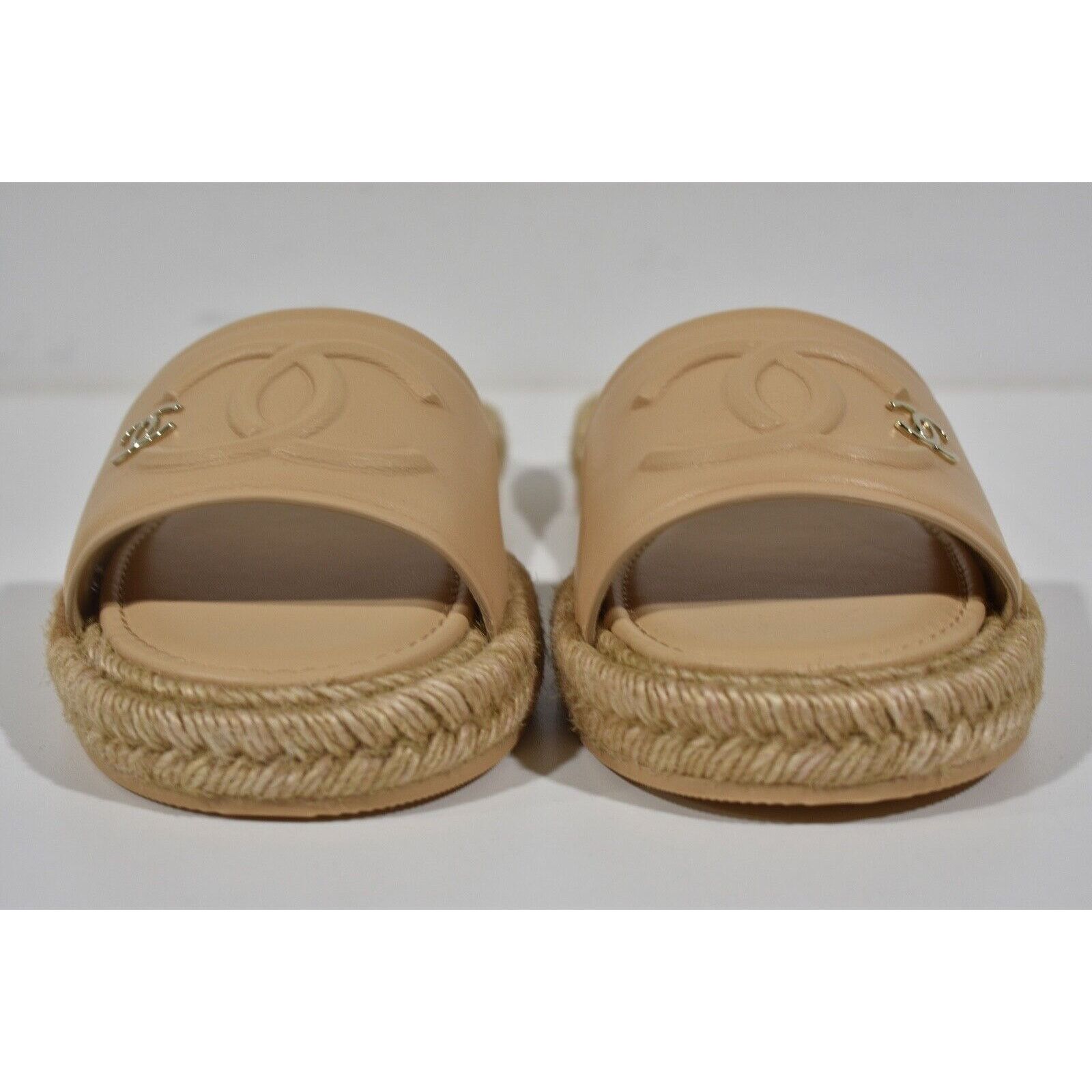 Chanel 23C Beige Leather CC Logo Sandal Espadrille Flat 37