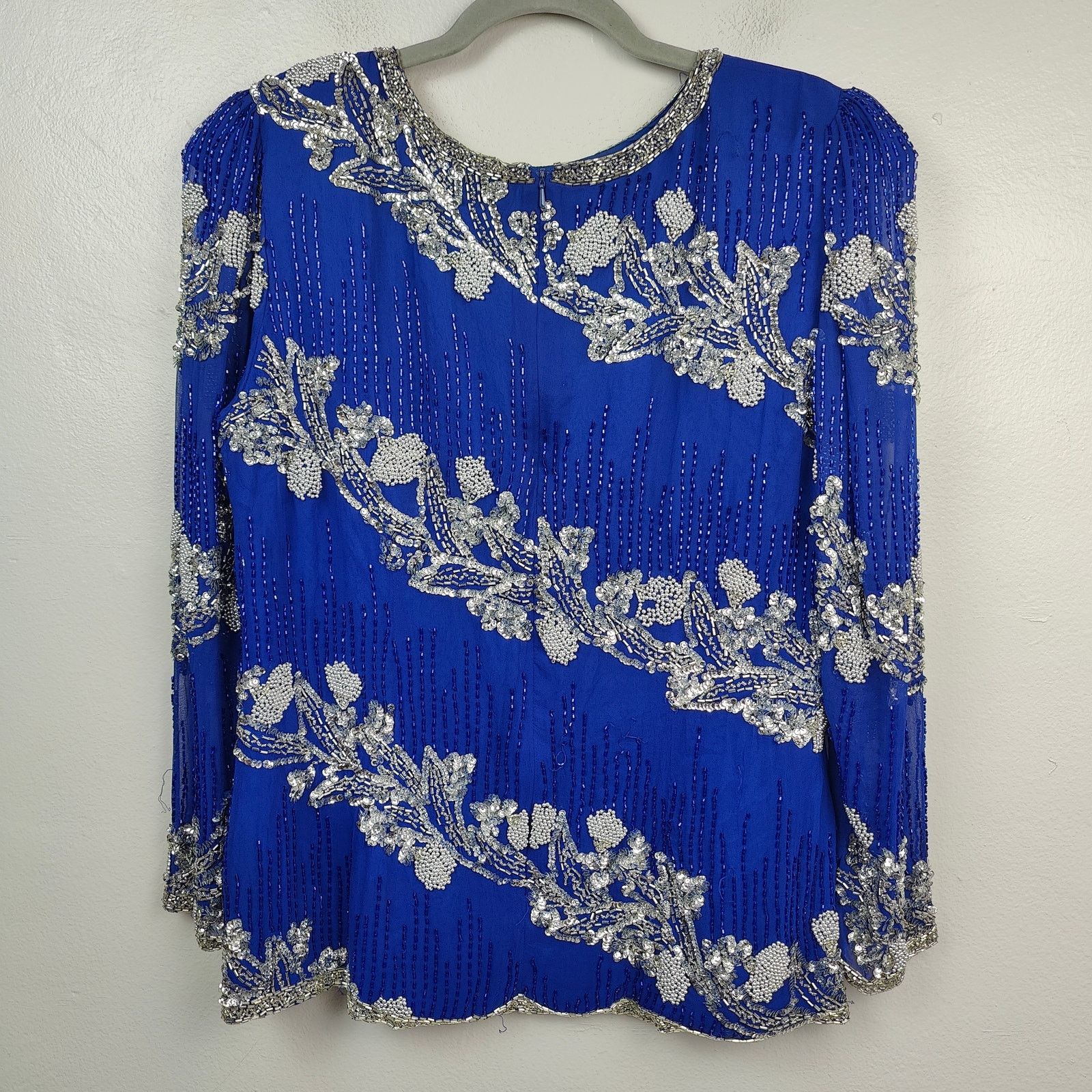 Other Vintage Nite Line I.Magnin Silk Beaded Top Womens 14 Blue Size XL / US 12-14 / IT 48-50 - 9 Thumbnail