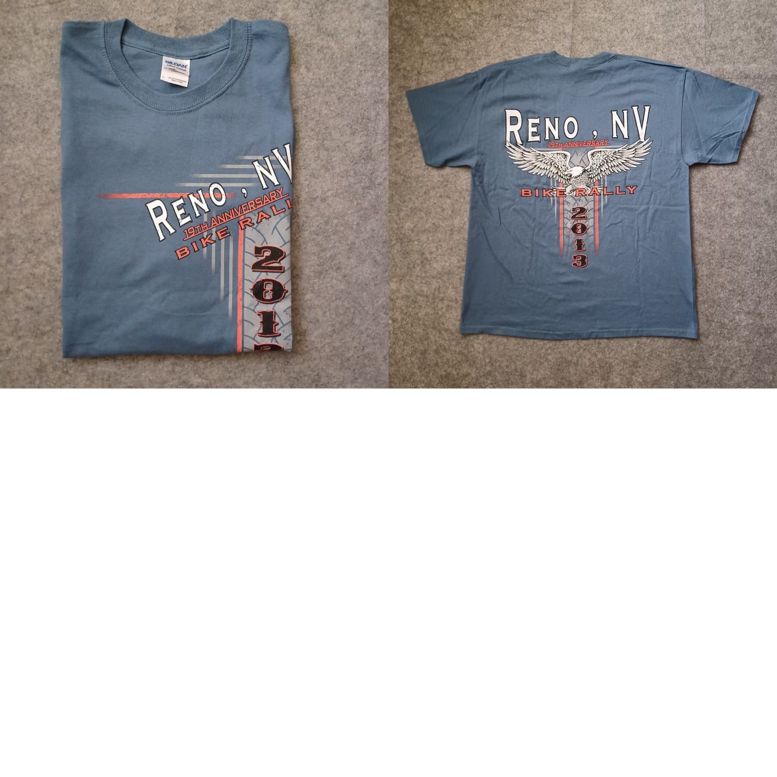 Gildan Reno Bike Rally Mens L Blue T-Shirt 19th Anniversary Double Side Short Sleeve Graphic Print Logo Gildan Ultra Cotton Regular Fit Size US L / EU 52-54 / 3 - 9 Thumbnail