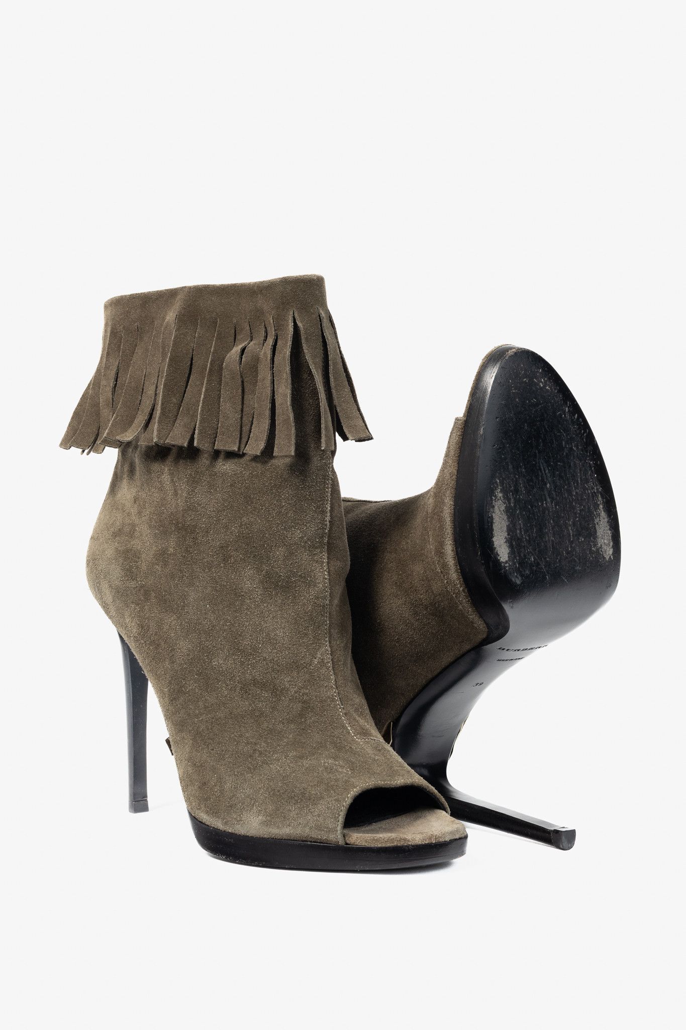 Burberry Burberry Pelling Khaki Suede Fringe Peep-Toe Booties Size US 8.5 / IT 38.5 - 4 Thumbnail