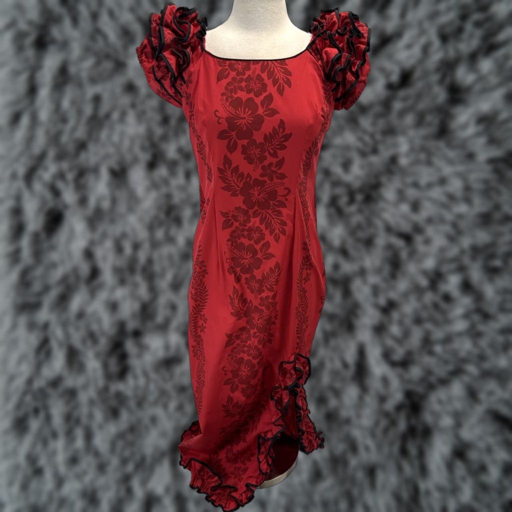 VINTAGE Royal Creations Hawaiian Dress L Red Maxi Woven Cotton Polyester Flutter Sleeve Round Neck Short Sleeve Resort Vacation Women
