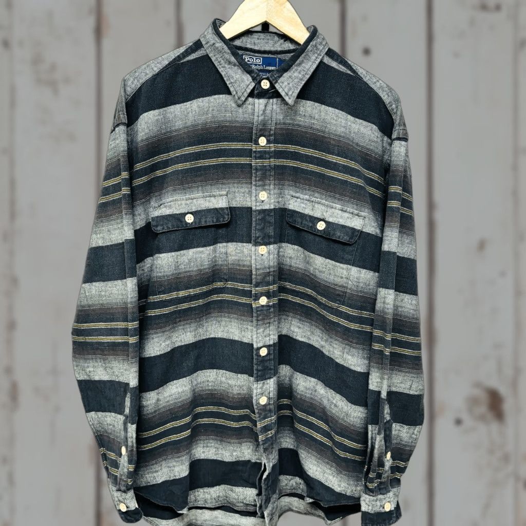 VINTAGE Polo Ralph Lauren Shirt Whitfield Striped Black Cotton 90s