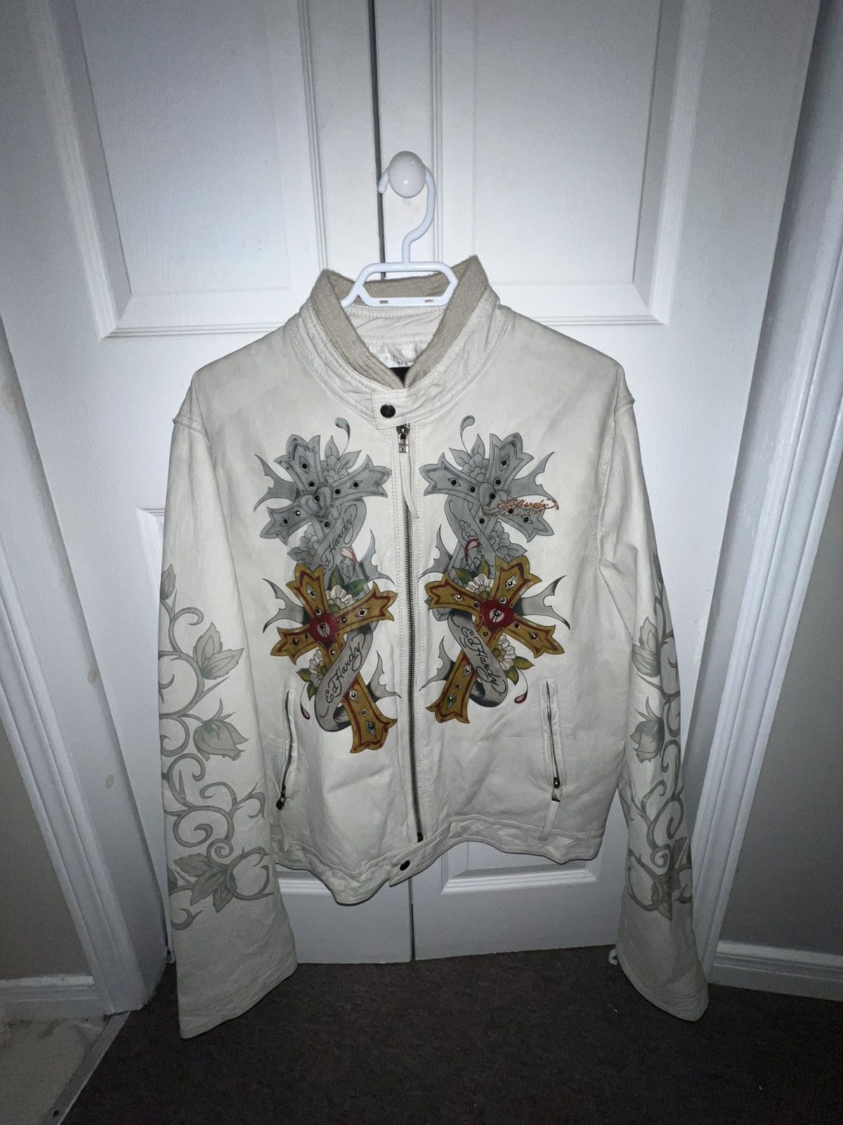 Christian Audigier × Ed Hardy Ed Hardy x Christine Audigier Leather Jacket Off White Size US XL / EU 56 / 4 - 3 Thumbnail