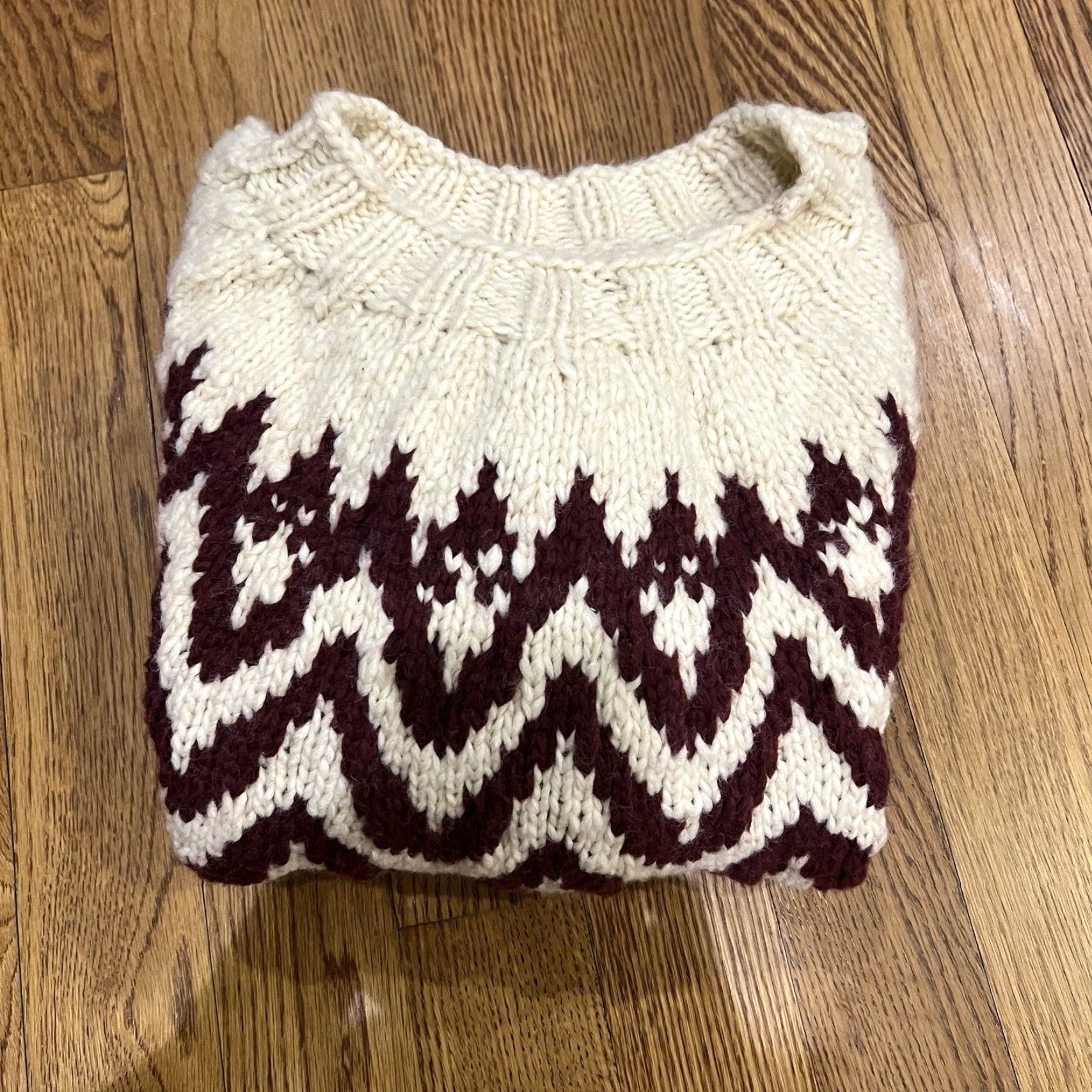Vintage Unisex 2XL Knitted Sweater Crew Neck Long Sleeve Chunky Knit Fall Winter Casual Travel Cafe Style Maroon Ivory Size XXL / US 16-18 / IT 52-54 - 8 Thumbnail
