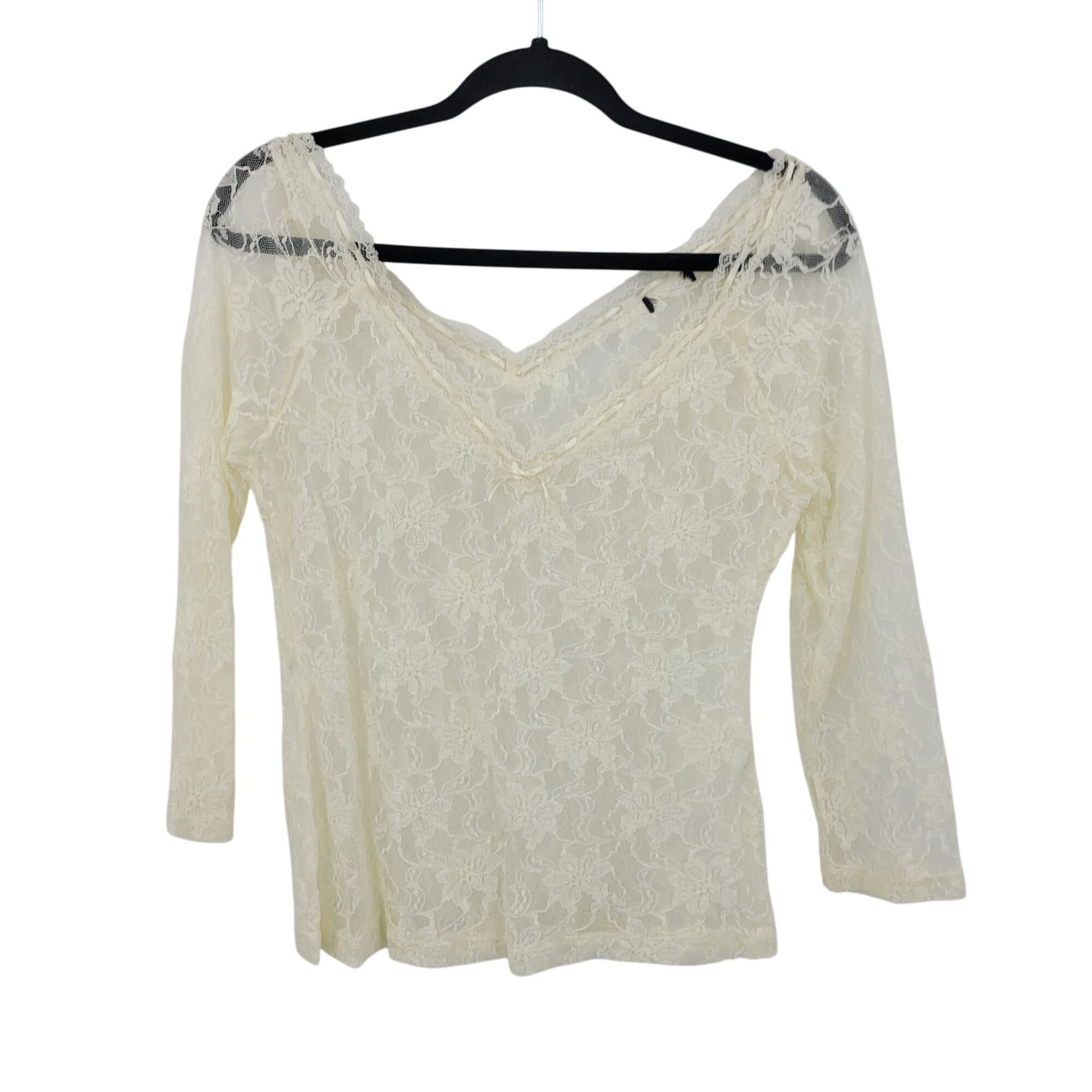 Vintage Vtg 80s Vanilla Floral Lace V-Neck Top Ribbon Trim Sheer Str Size S / US 4 / IT 40 - 9 Thumbnail