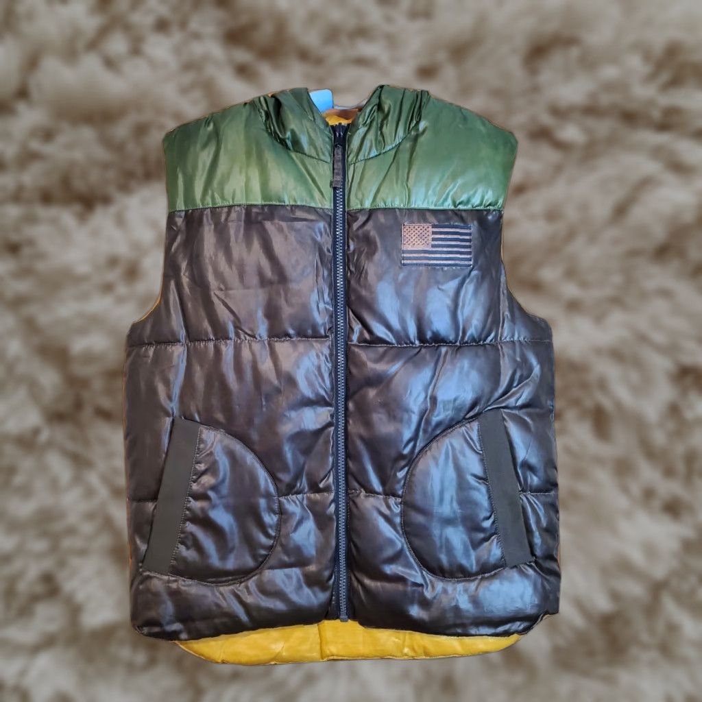 VINTAGE Rocawear Vest Green Yellow Puffer Sleeveless Zip Reversible Pocket Medium Men
