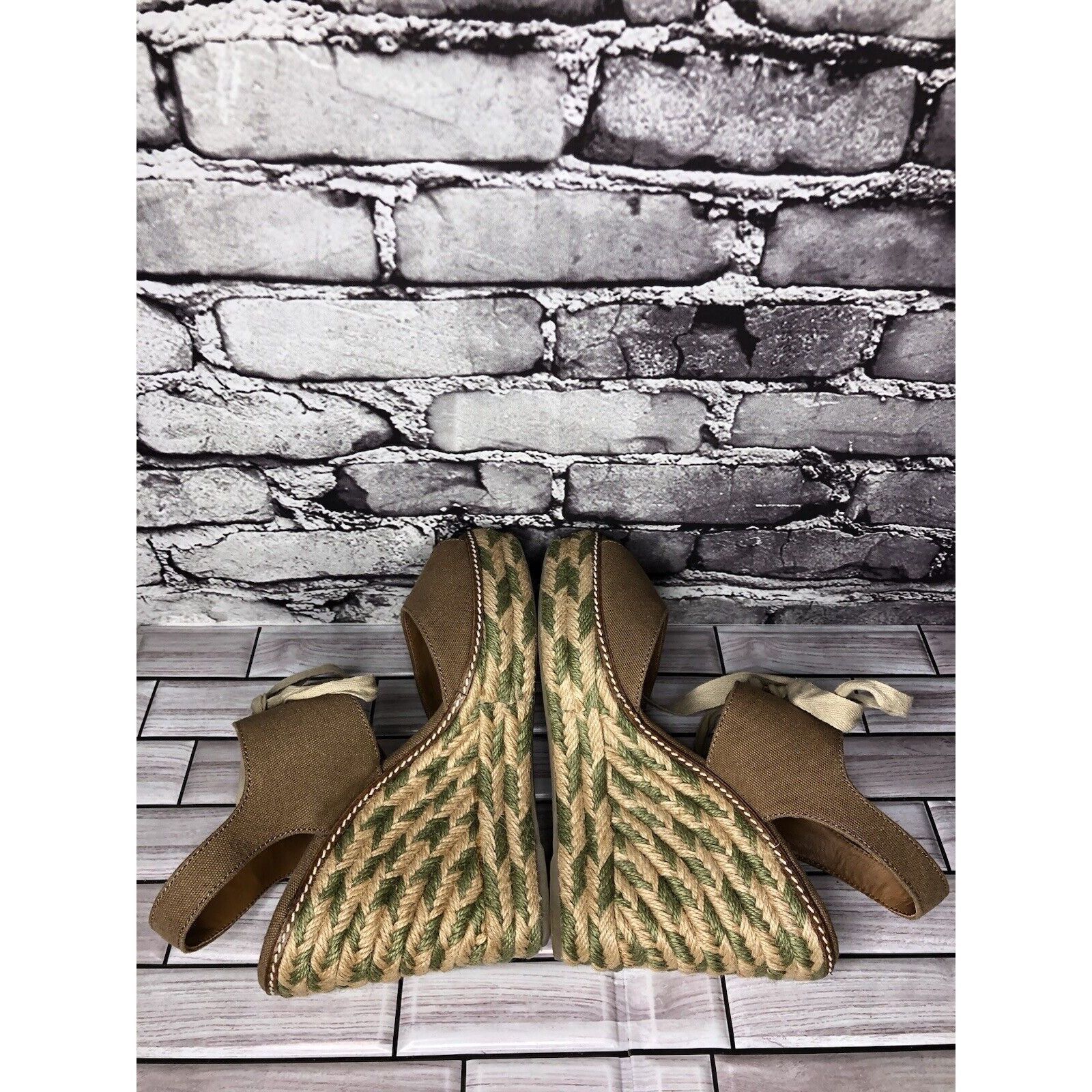Tory Burch Tory Burch Taupe Canvas Textile Green Tan Espadrilles Wedge Size US 10 / IT 40 - 12 Thumbnail