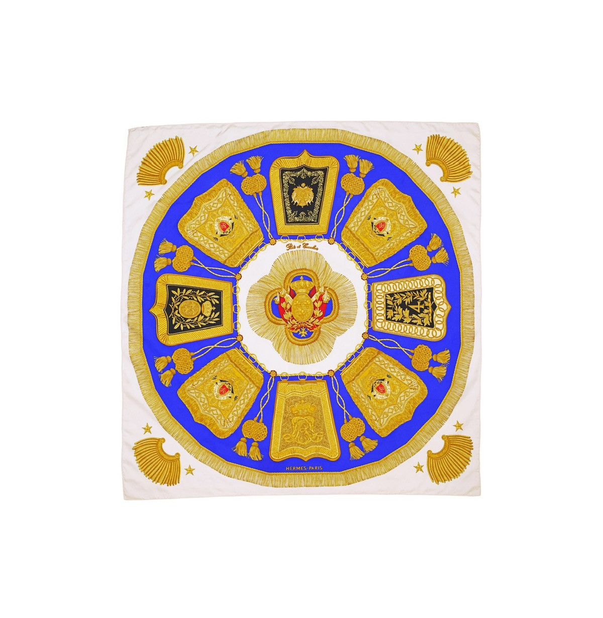 image of Hermes Carre 90 "poste Et Cavalerie" Silk Scarf Shawl in Cream Blue Gold, Women's