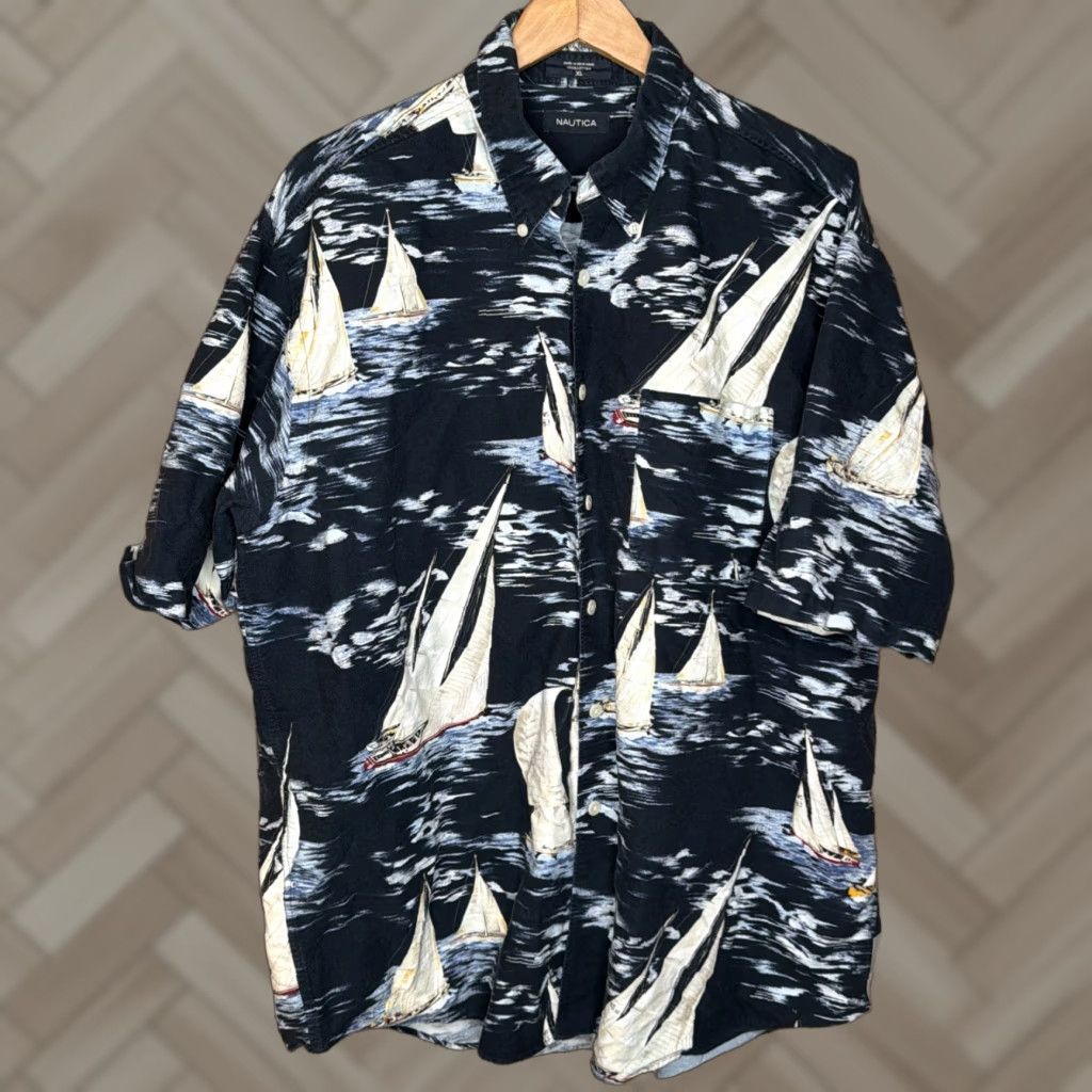 Nautica Nautica Shirt Button-Up Short Sleeve Sail Boats Resort Blue XL Sail Boats Ocean Marlin Pattern, Nautica, Button-Front, Collared, Men, Blue, Size XL Size US XL / EU 56 / 4 - 1 Thumbnail