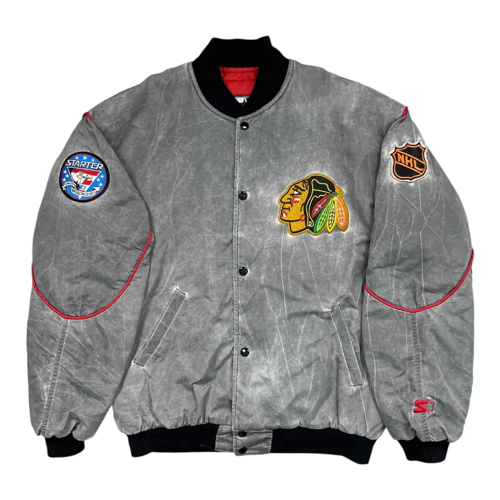 NHL × Starter × Vintage 90s CHICAGO BLACKHAWKS SATIN BOMBER JACKET STONEWASH ACID Size US L / EU 52-54 / 3 - 2 Thumbnail