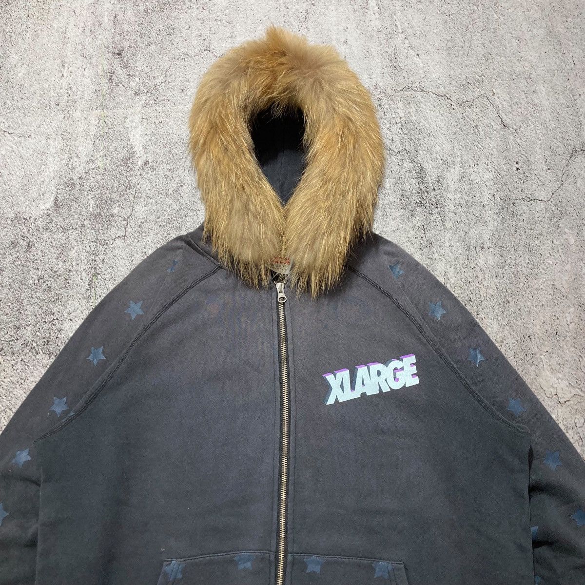 Japanese Brand Vintage Trashed Xlarge Stars Logo Fur Ziphoodie Y2k Black Size US XL / EU 56 / 4 - 2 Thumbnail
