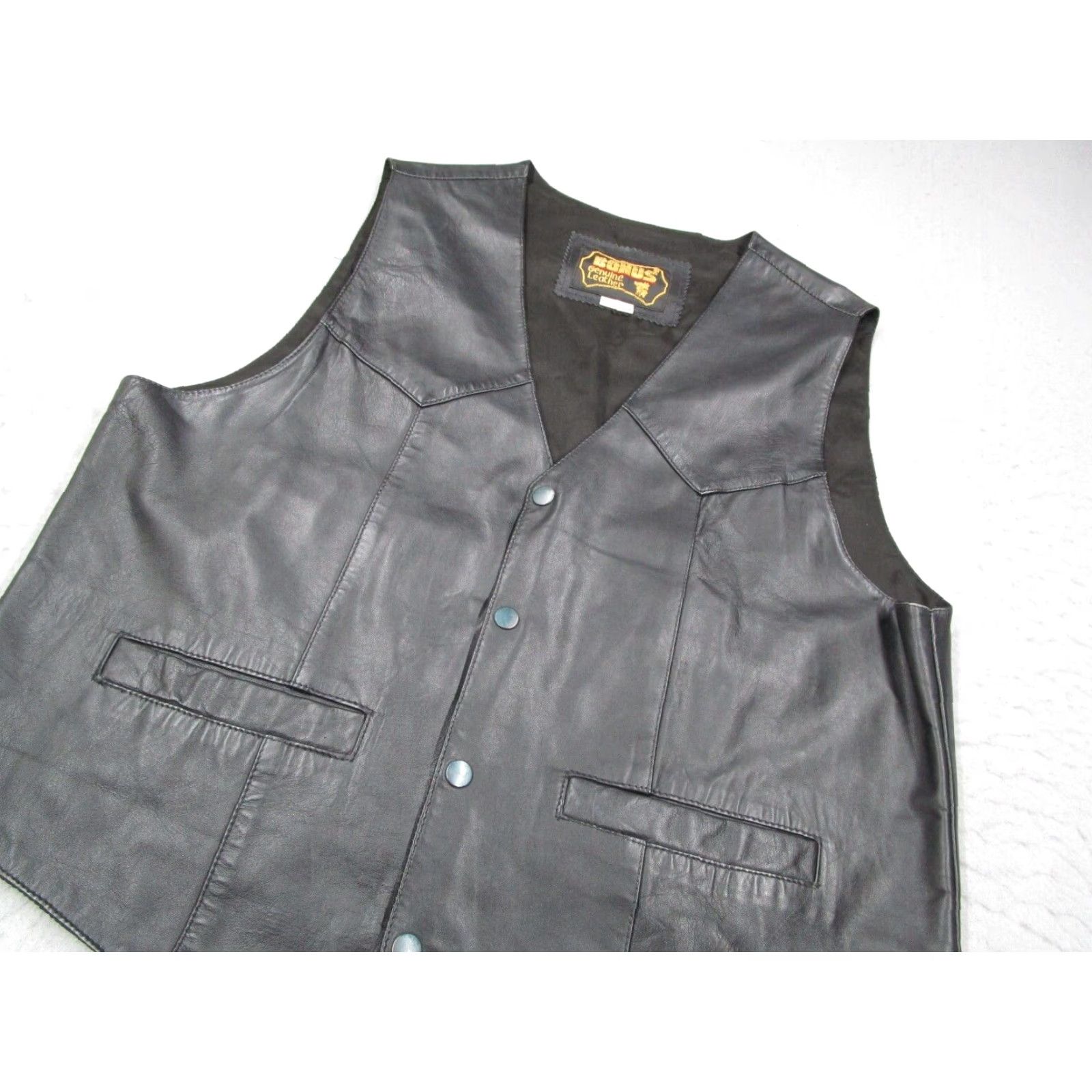 Vintage Bonus Genuine Leather Men vest - 2XL Black Snap Front - Cowboy Motorcycle Workwear Casual Size US XXL / EU 58 / 5 - 2 Thumbnail