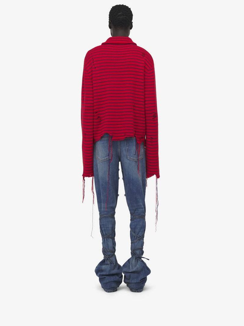 Alexander McQueen o1srvl11e0226 Distressed Striped Jumper In Red/Navy Size US M / EU 48-50 / 2 - 4 Thumbnail
