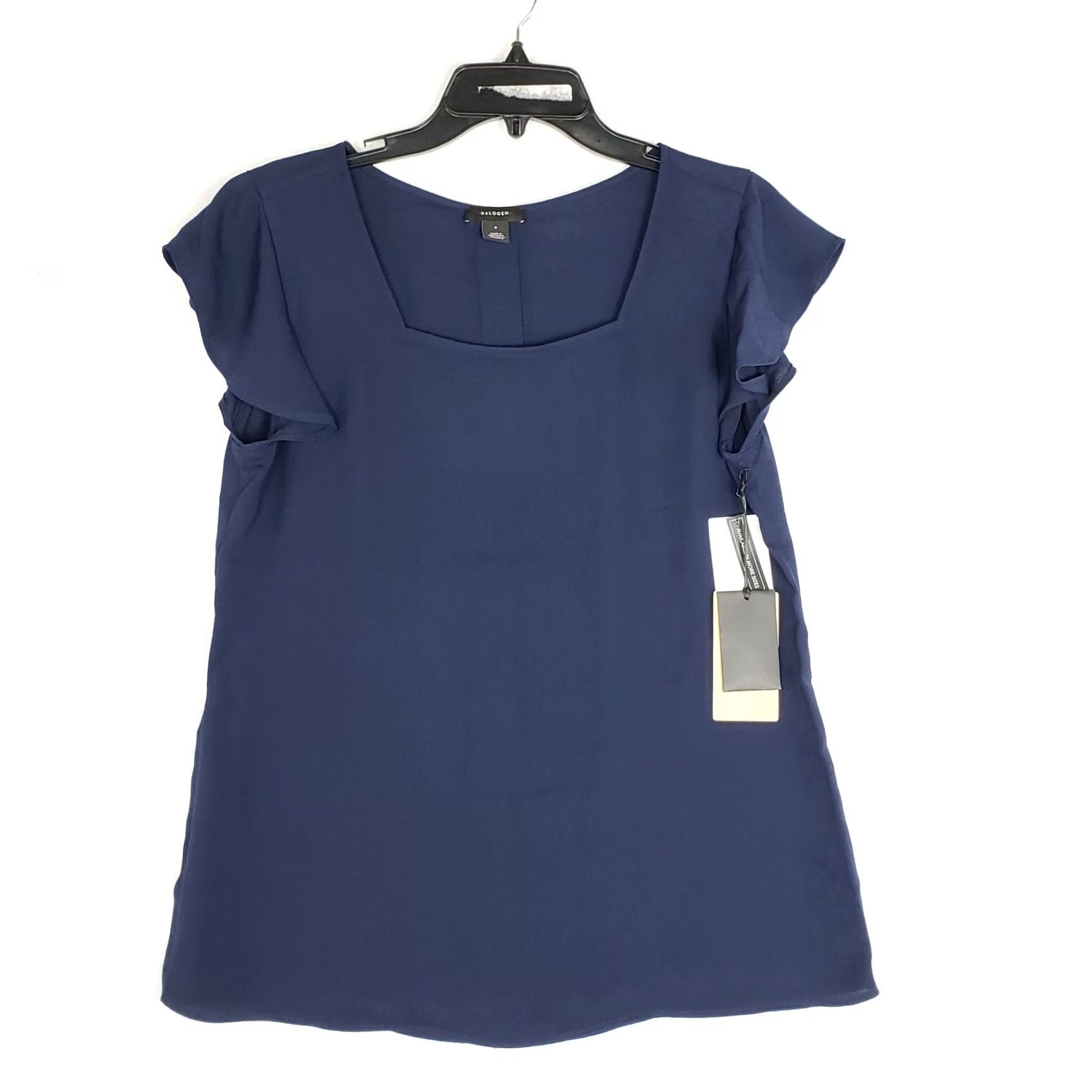 Vintage HALOGEN NAVY BLUE Button on Back Ruffle Sleeve Top Sz S NEW Women Shirt Short Sleeve Square Neck Regular FIT Size S / US 4 / IT 40 - 2 Thumbnail