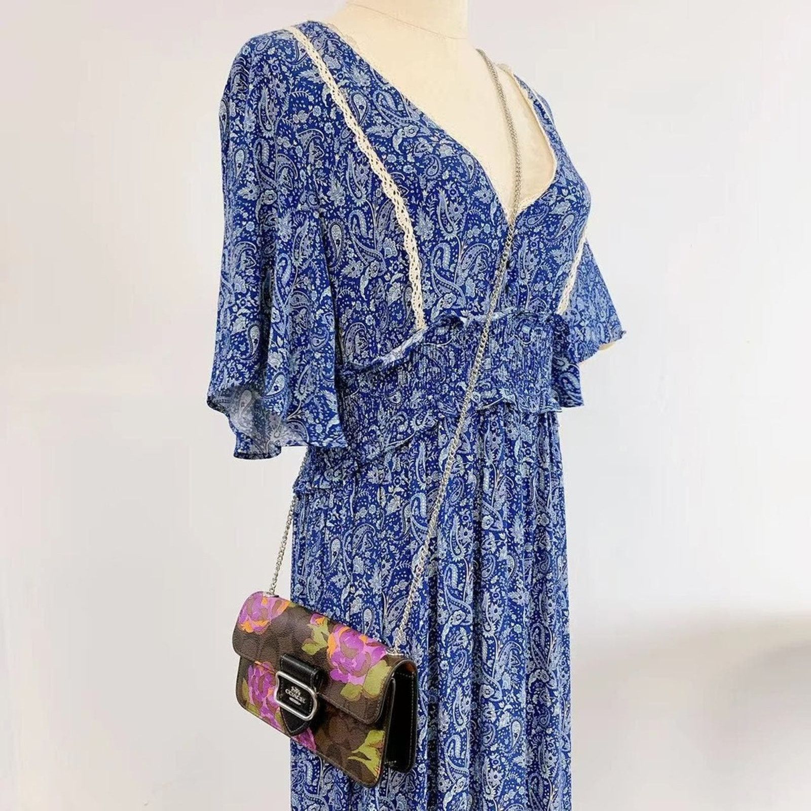 knee length dresses for ladies Coach // Pink & Grey Metallic Floral Tiered Maxi Dress – VSP Consignment main image 1