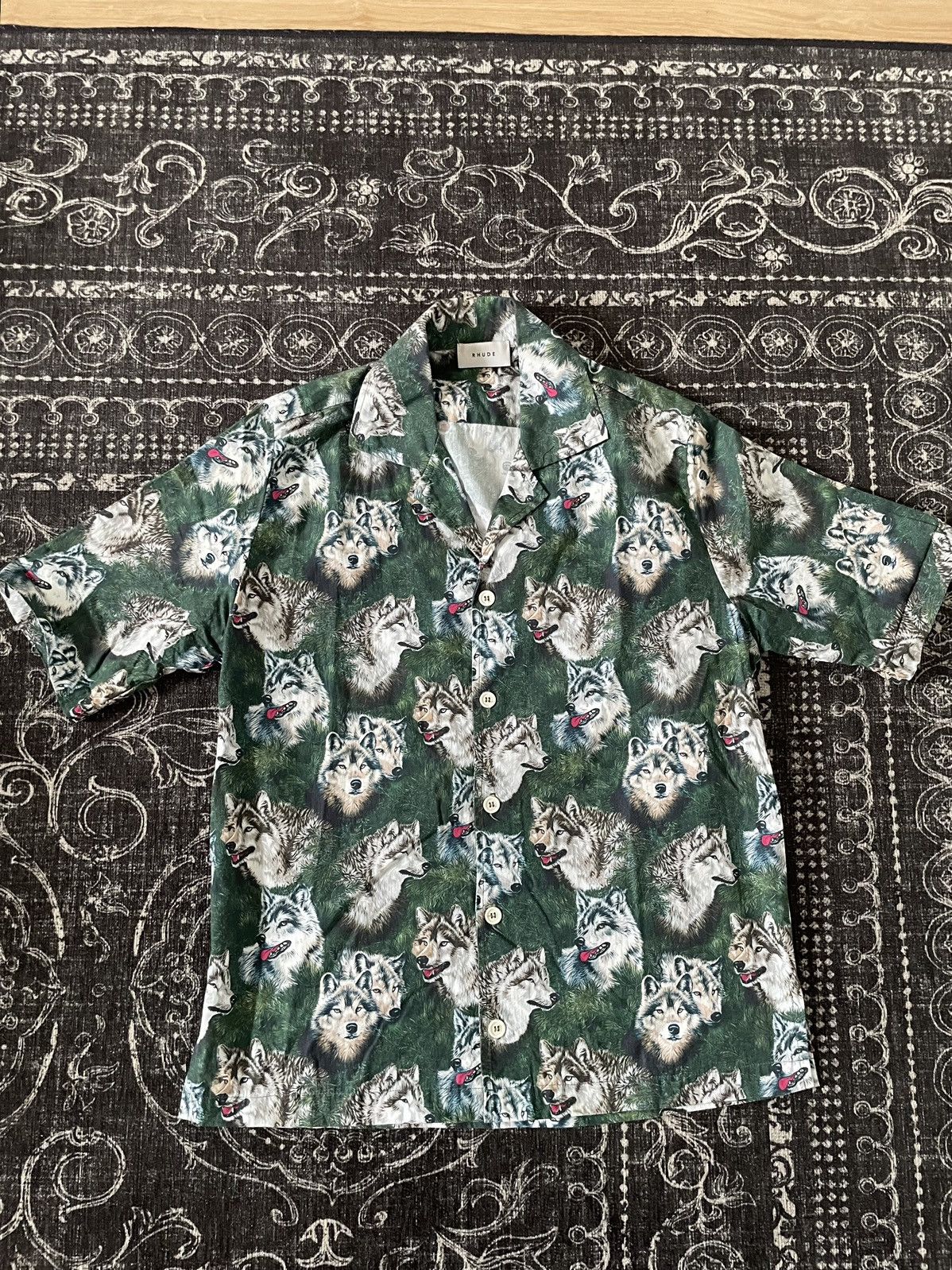 Image of Rhude Truck Stop 'wolf In The Pines' Shirt in Green, Men's (Size Small)