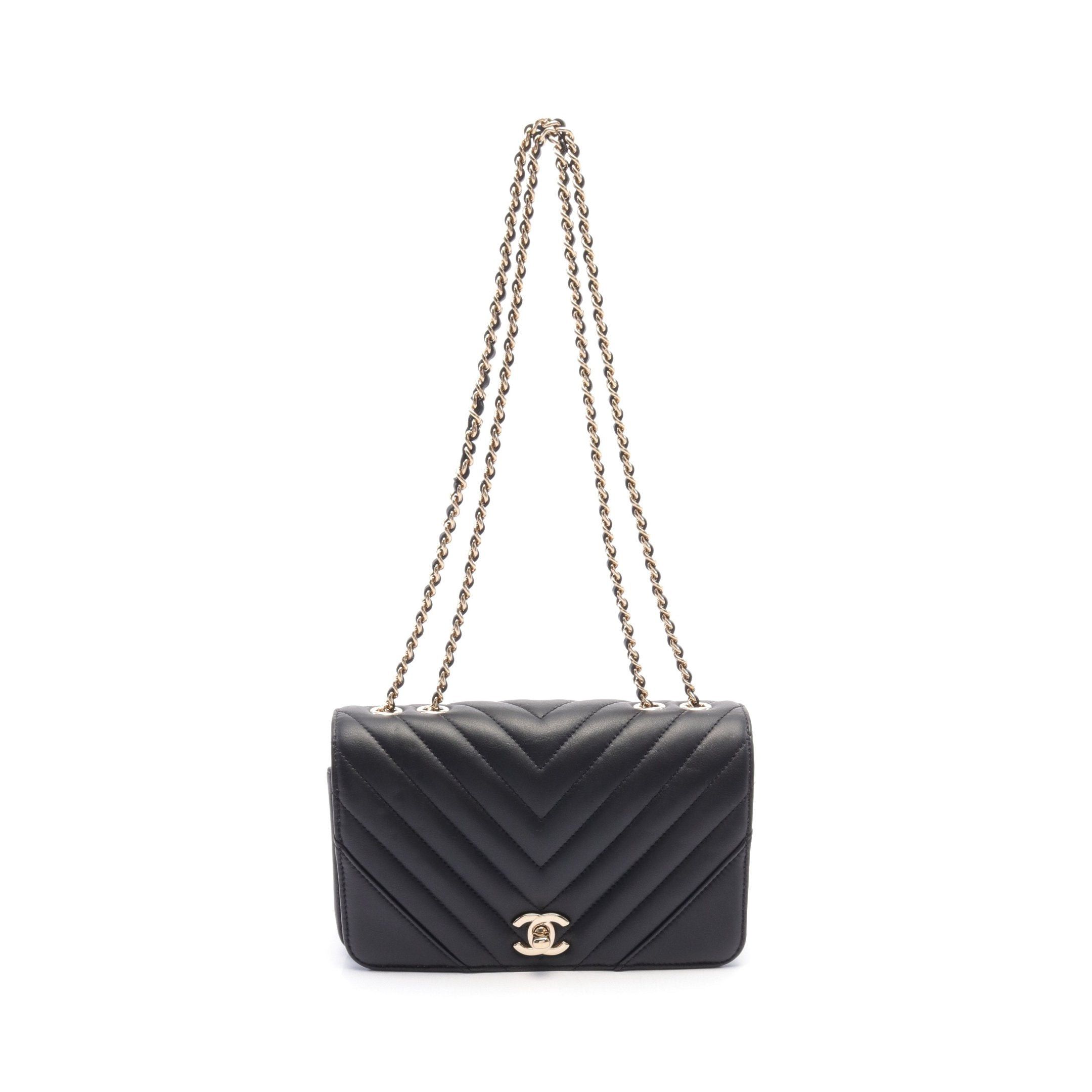 Chanel Chanel Chevron V-Stitch Full Flap Double Chain Shoulder Bag Lambskin Black Gold Hardware Size ONE SIZE - 1 Thumbnail