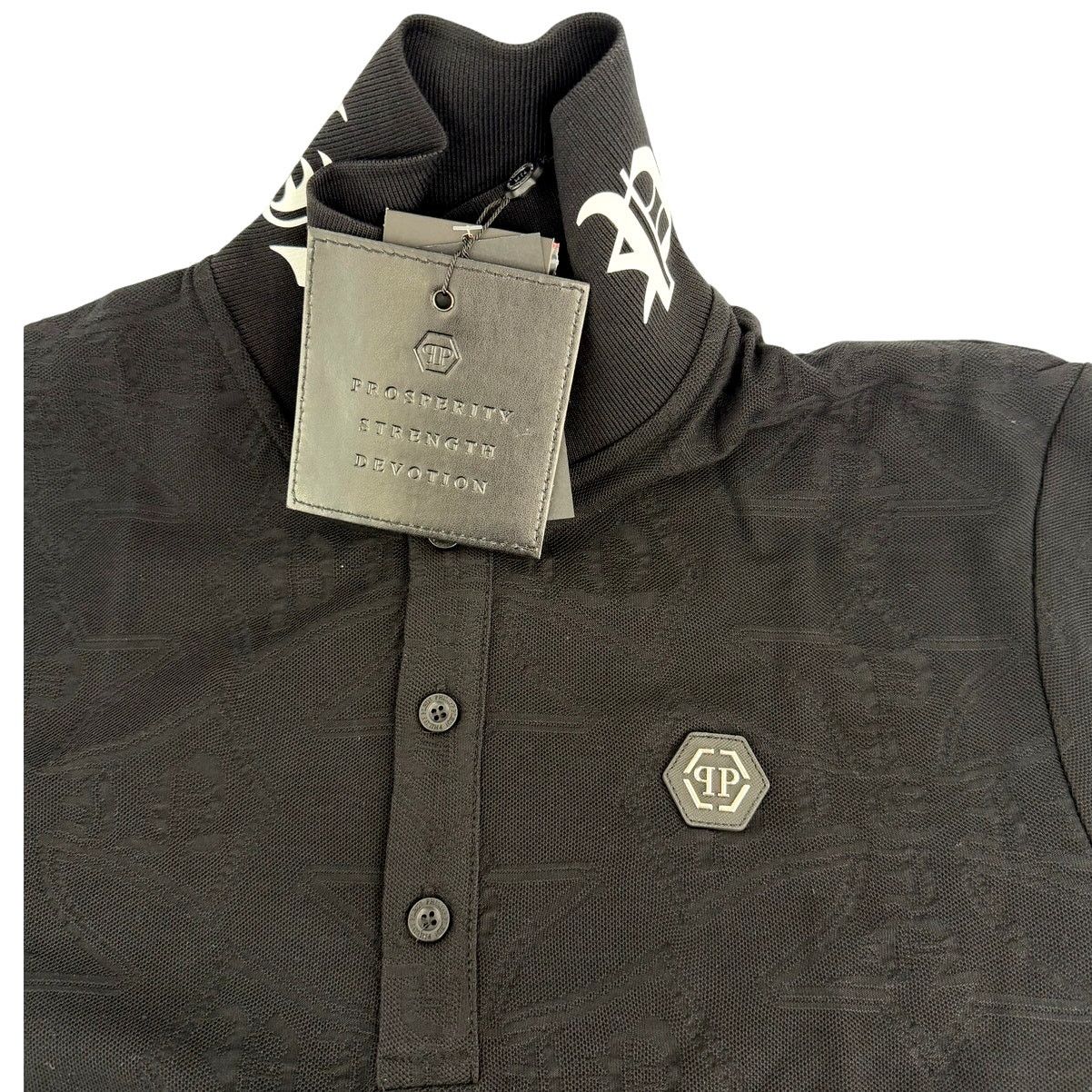 Philipp Plein Philipp Plein Men's Black Jacquard Crest Polo T-Shirt Size M Size US M / EU 48-50 / 2 - 9 Thumbnail
